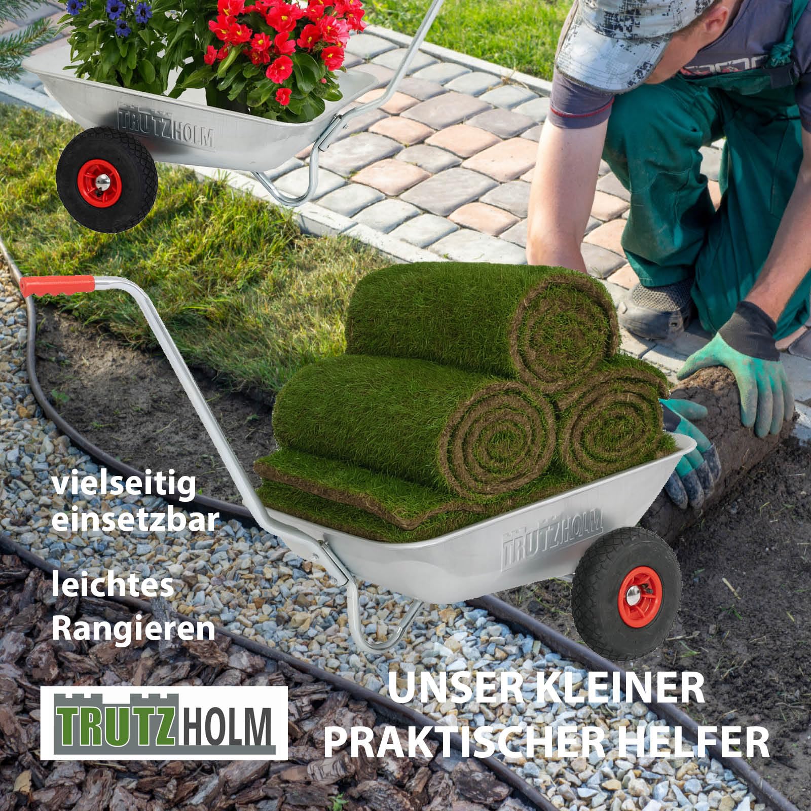 TRUTZHOLM Schubkarre Einhandkarre Friedhofskarre Pflanzkarre Gartenkarre Handwagen Traglast 100 kg Volumen 75 L mit Luft- oder Vollgummireifen (Luftreifen)