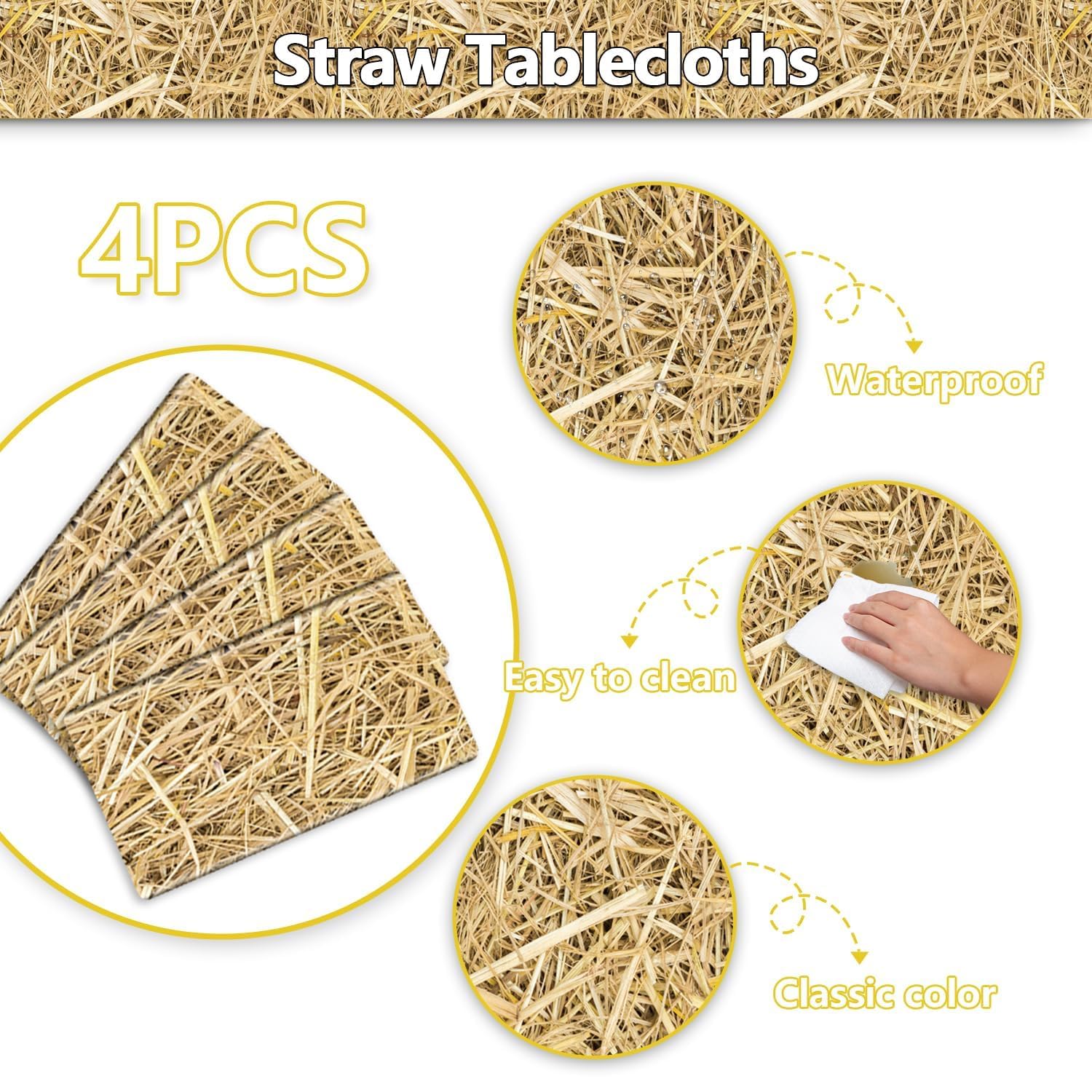 PTECDROTS 4 Pcs Straw Tablecloth Rectangular Straw Table Cover Waterproof Farm Table Cloth Hay Stacks for Farm Party Decorations Cowboy Western Theme Party Supplies - Image 3