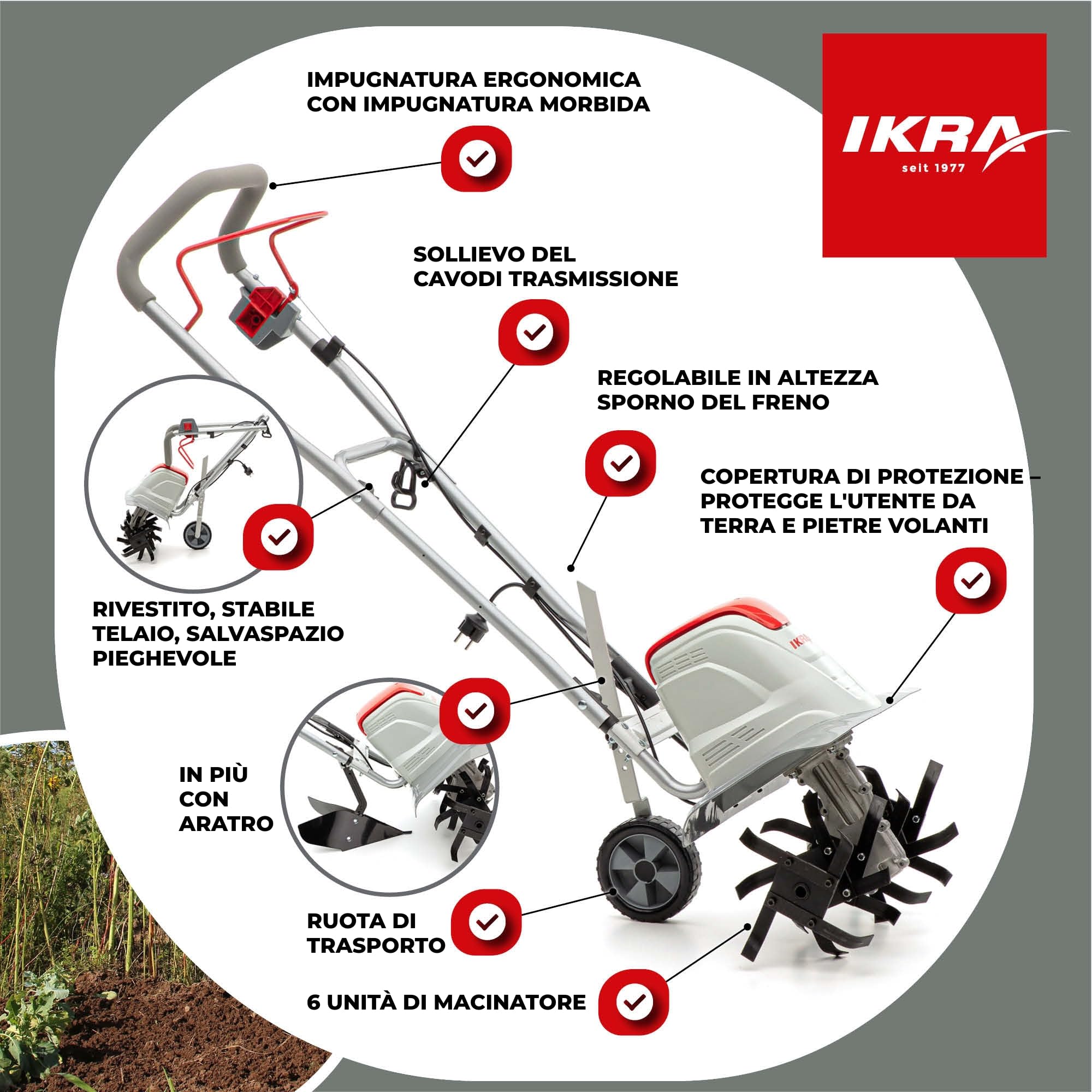 IKRA motozappa FEM 1500, larghezze 17, 30 e 45 cm, aratro per rincalzatura | Zappatrice elettrica, 1500 W, profondità 23 cm, sperone frenante, ruota di trasporto, pieghevole, protezione da sovraccarico