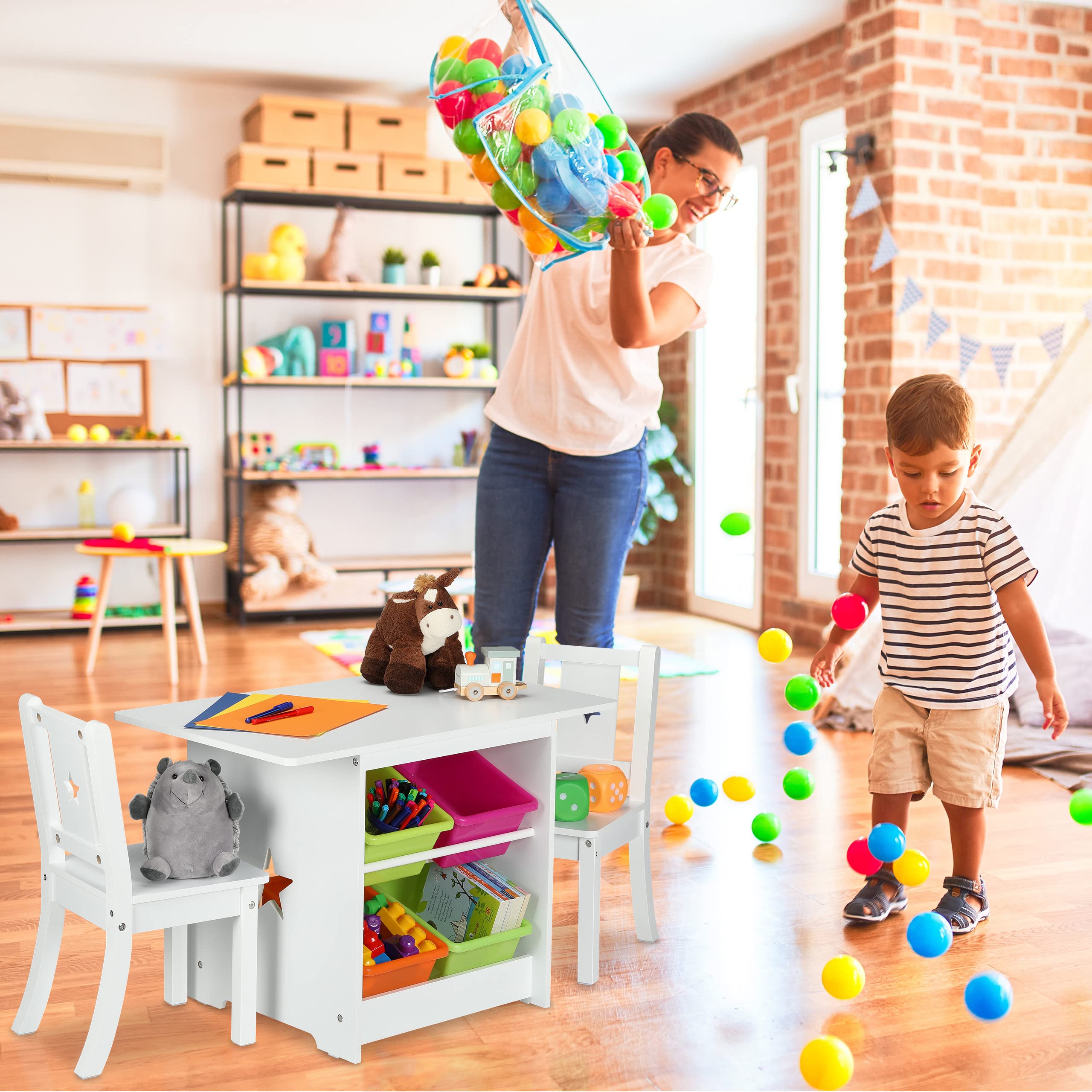 Relaxdays Tavolino con 2 Sedie per la Cameretta dei Bambini, 4 Box Portagiochi, Arredamento per Bimbi e Bimbe, Bianco