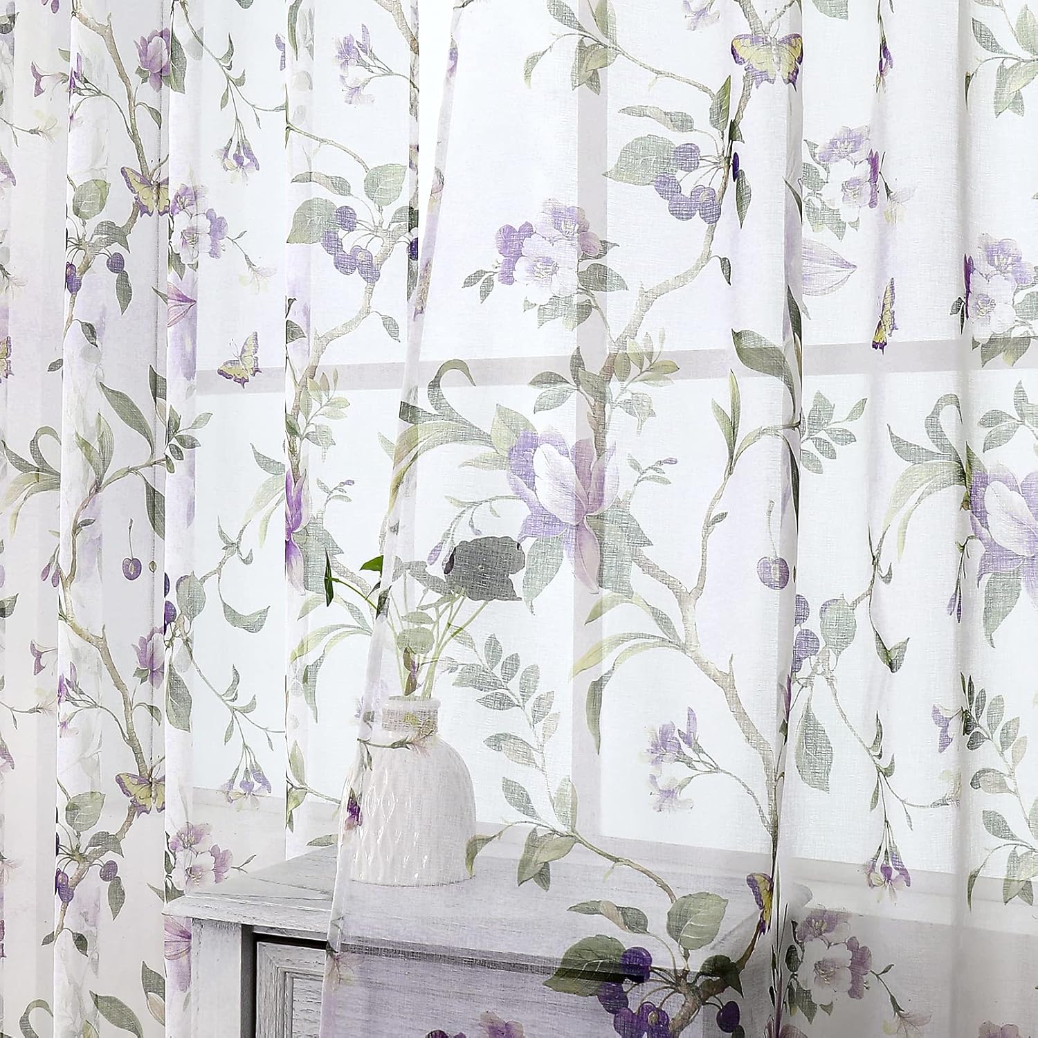 Tollpiz Floral Sheer Curtain Purple Cherry Flower Butterfly Print Living Room Curtains Rod Pocket Voile Linen Look White Sheer Curtain for Bedroom, 54 x 84 inches Long, Set of 2 Panels