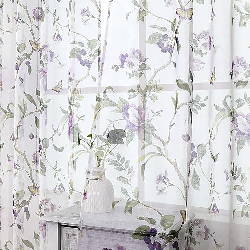 Miniatura 2 de Tollpiz Cortinas traslúcidas con estampado floral de cerezo morado y mariposa, cortinas para sala de estar, cortinas con bolsillo para barra,