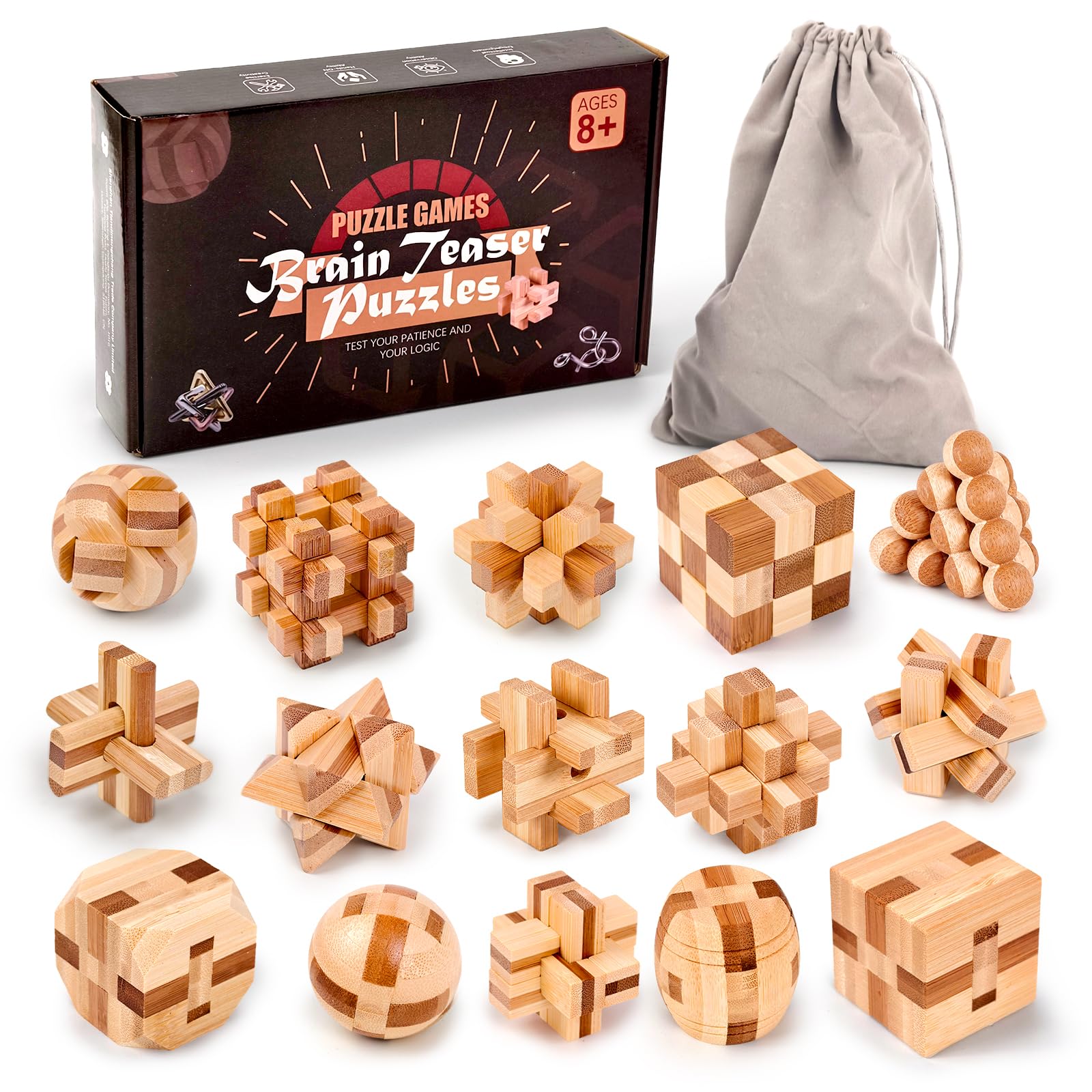 Amazon.com: VolksRose 15pcs Wooden Brain Teaser Puzzles, IQ