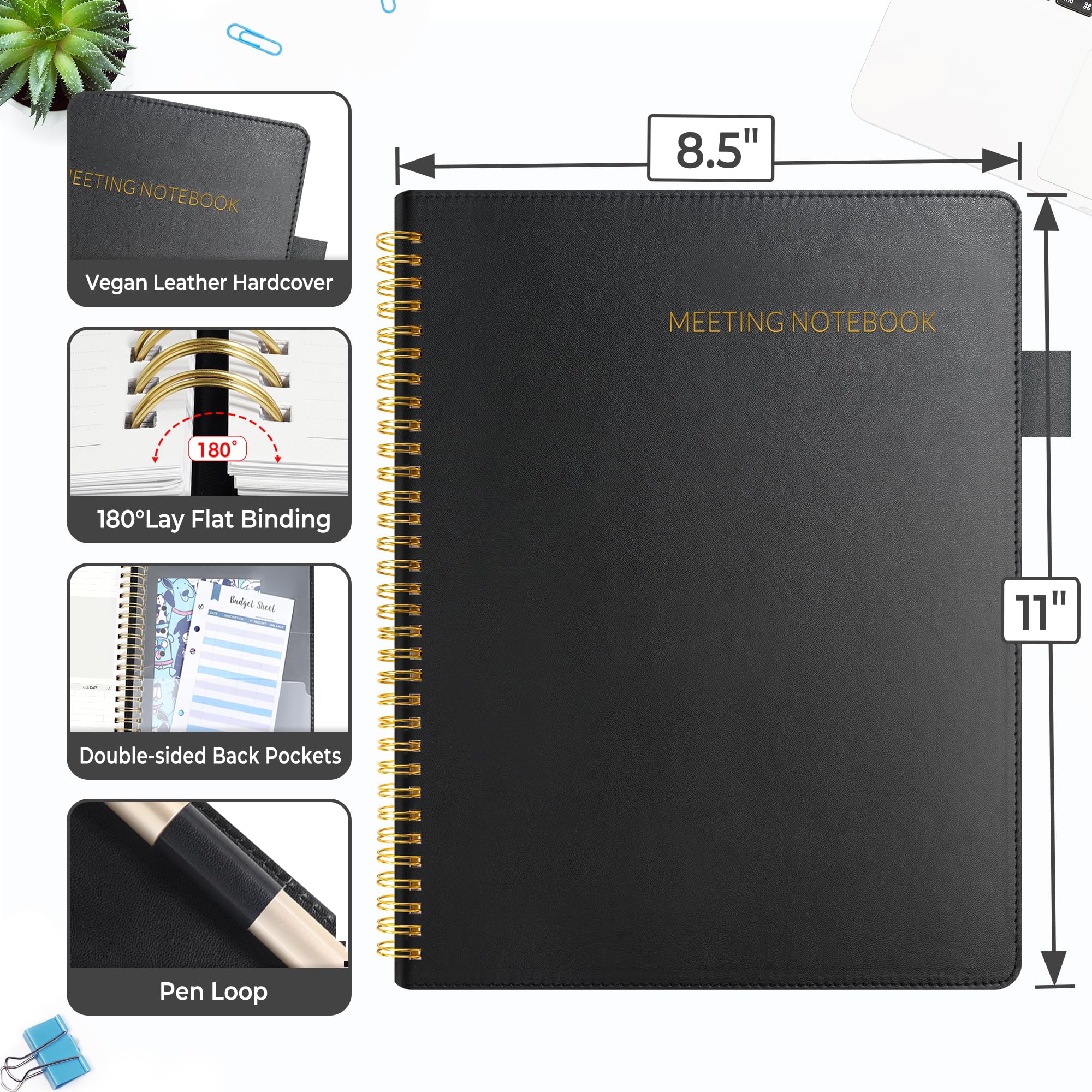 SUNEE Half Meeting Half Note - Taccuino professionale per lavoro, 21,6 x 28 cm, 160 pagine, formato B5, agenda a spirale per riunioni per donne e uomini, per prendere appunti, ufficio, con copertina