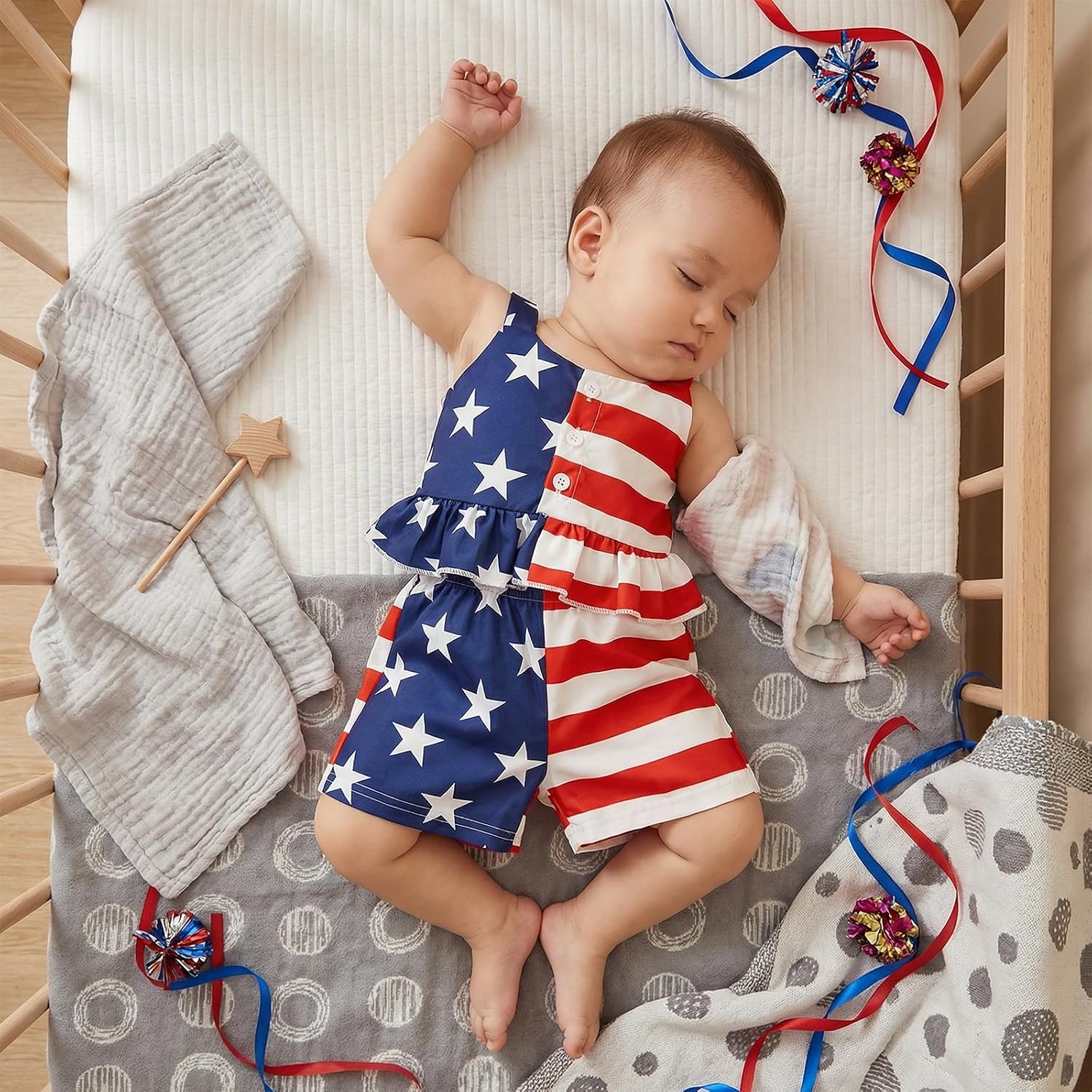 4th Of July Little Girl Outfit Stars/Striped Print Sleeveless Spaghetti Strap Ruffle Button Up Tops Bow Shorts Set