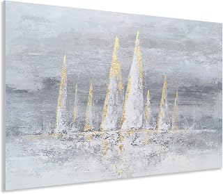 YHSKY ARTS Sailing Boat Canvas Wall Art - Hand Painted Grey Ocean Paintings with Gold Foil - Abstract Beach Pictures for Living Room Bedroom Bathroom Decor