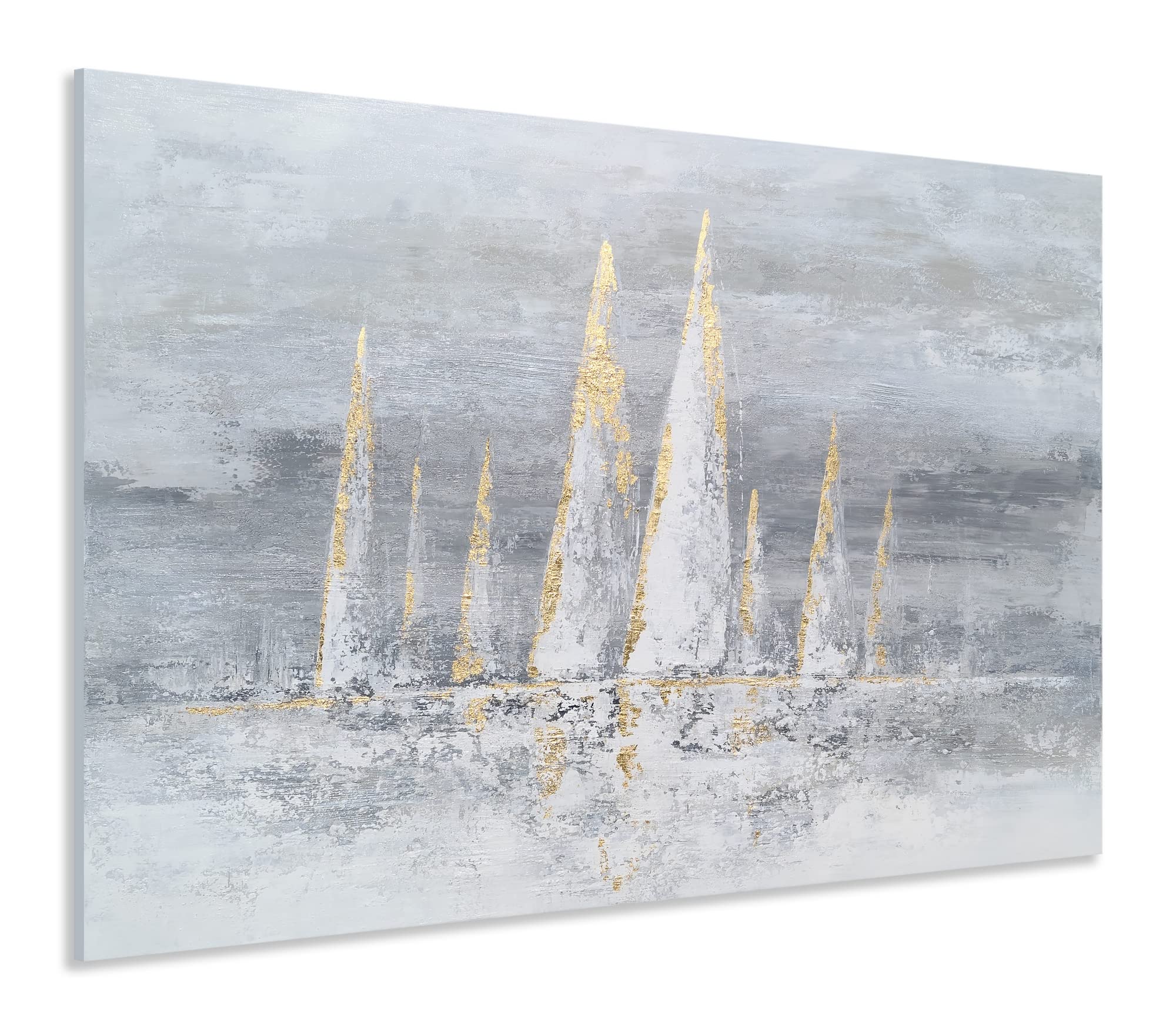 YHSKY ARTS Sailing Boat Canvas Wall Art - Hand Painted Grey Ocean Paintings with Gold Foil - Abstract Beach Pictures for Living Room Bedroom Bathroom Decor