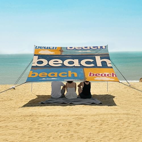 Miniatura 5 de Póster vintage de playa plegable para playa, protección UPF50+, impermeable, sombra refugio solar con bolsas de arena, pala de arena, postes para