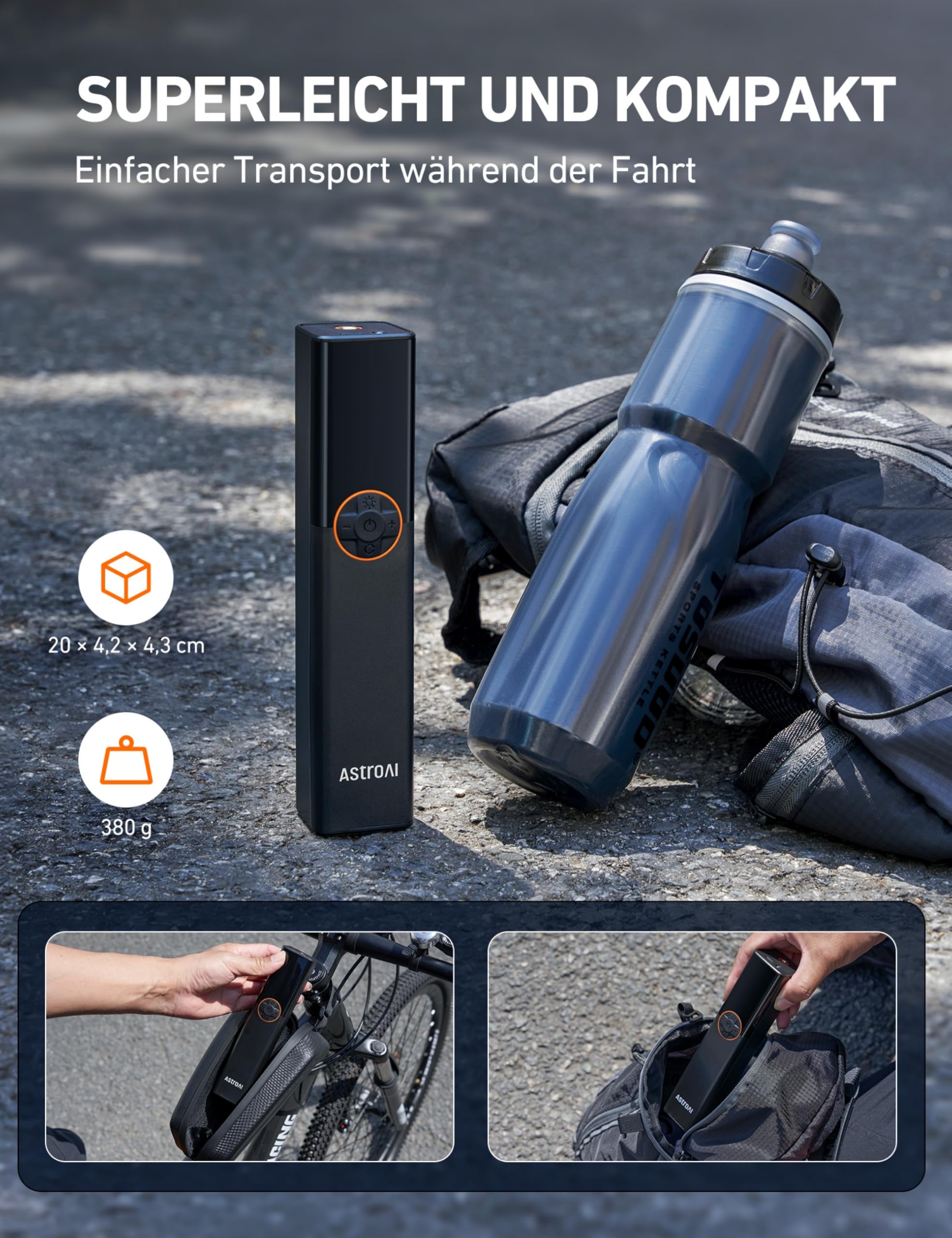 AstroAI Fahrradpumpe Elektrische Luftpumpe, 150PSI Mini Tragbare Akku Fahrradpumpe alle ventile, Hochspannungsmotor Speziell für Fahrrad, Wiederaufladbare für Stadtrad, Rennrad, Mountainbike