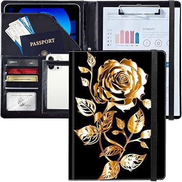 Padfolio/Portfolio Folder Clipboard,A Gold Rose Personalized Leather Portfolio Padfolio W/Resume Document Organizer Letter Size A4 Writing Pad Business Card Holders for Men Women