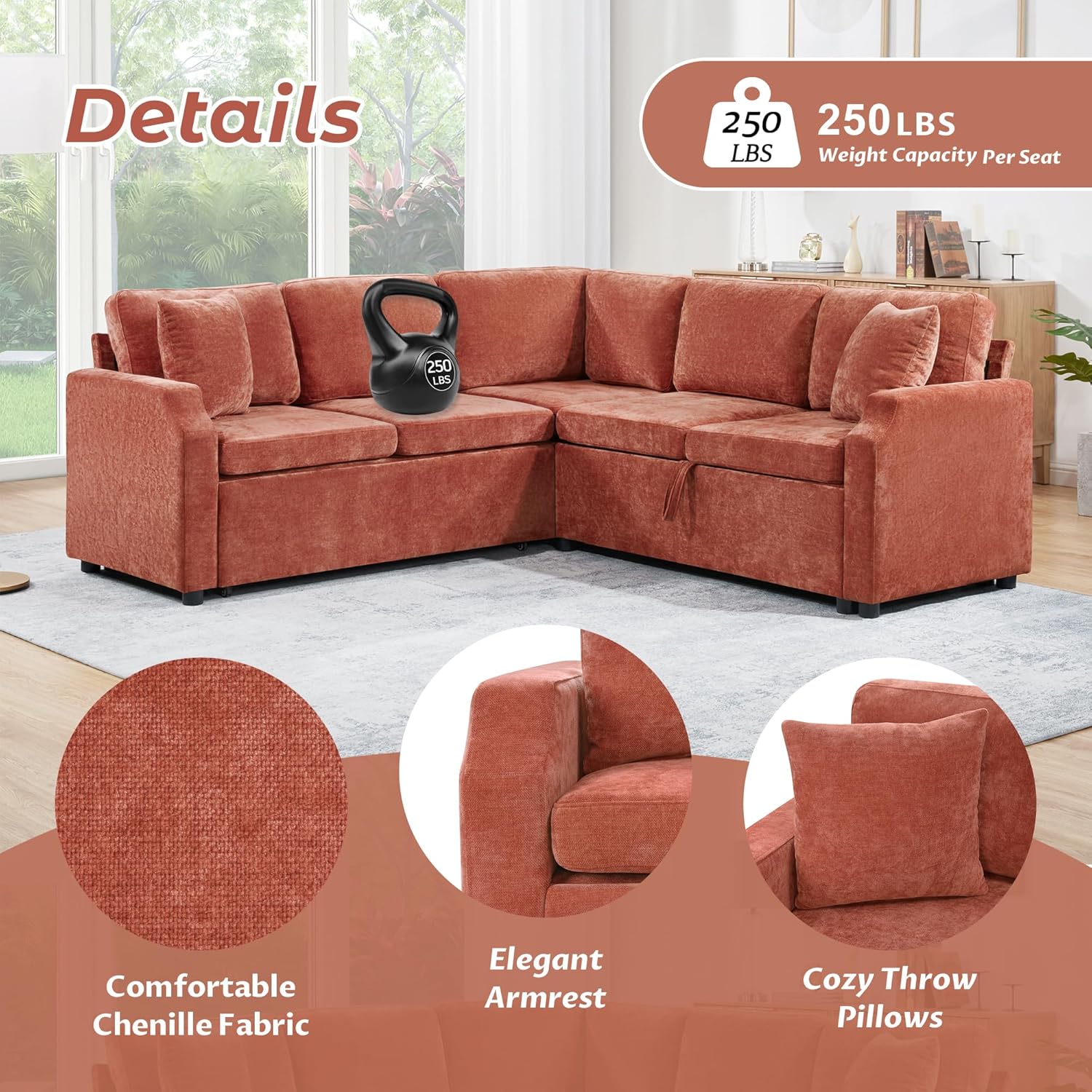 P PURLOVE L-Shaped Pull Out Sleeper Sofa Bed, Modern Convertible Sleeper Sofa with a Sofa Sleeper and a Hidden Storage Compartment for Living Room (Orange)