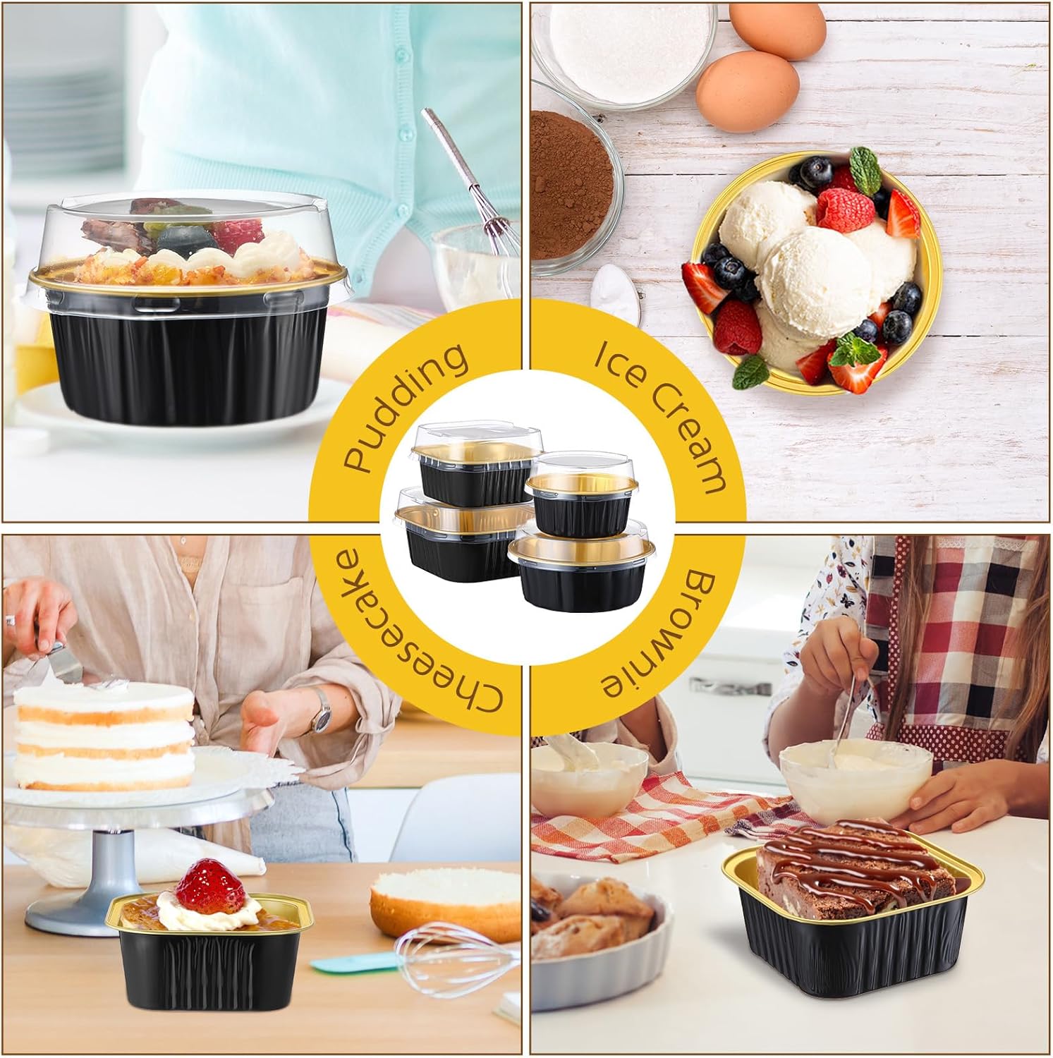 Gejoy 200 Pack Mini Cake Pans with Lids Square 10 and 5 oz Round 8 and 4 oz Square Aluminum Foil Mini Baking Tins Disposable Cupcake Baking Cups Dessert Container for Wedding Birthday Party(Black)