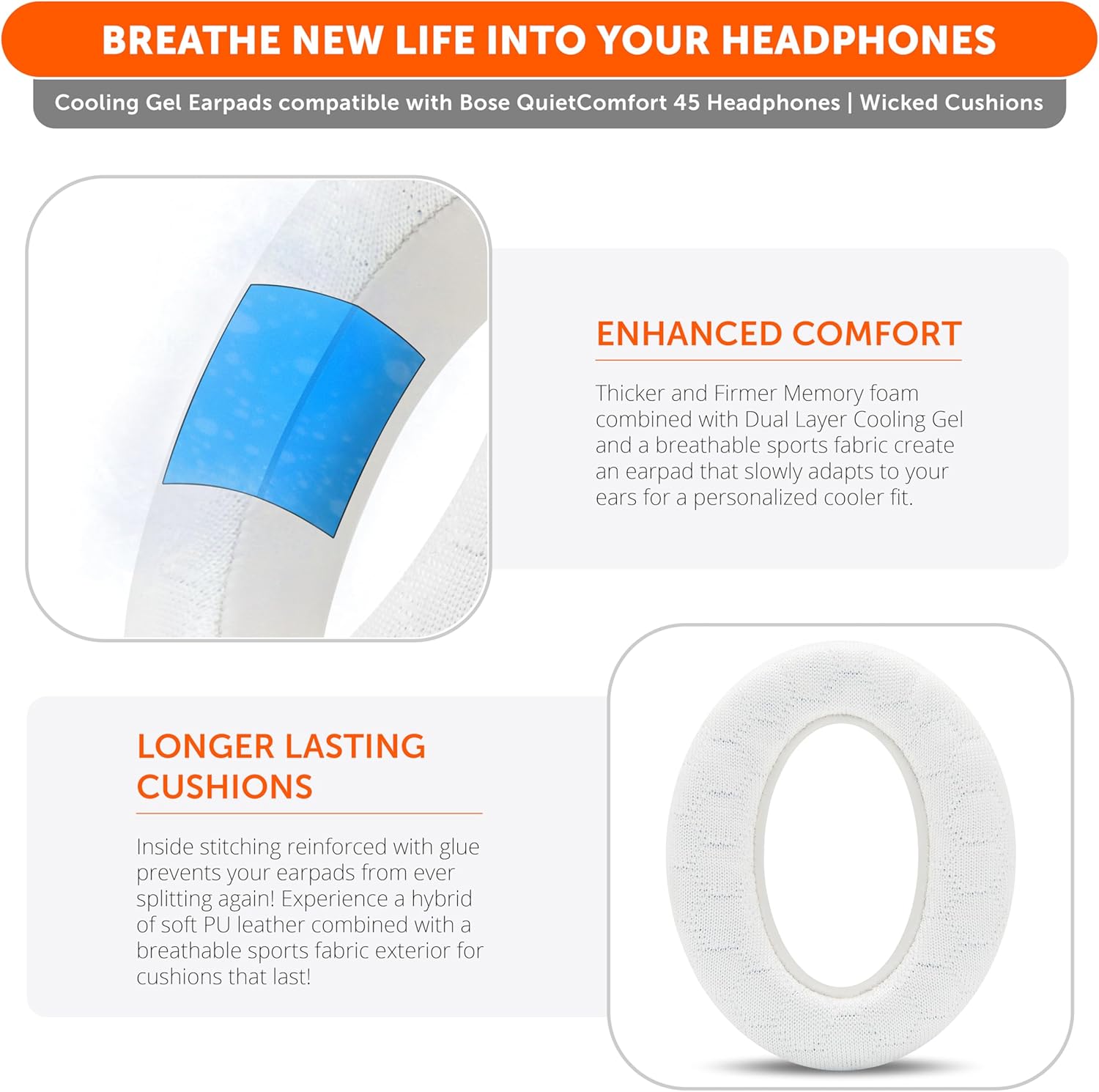 WC Freeze V2 QC45 – Cooling Gel Earpads Compatible with Bose QuietComfort 45, QuietComfort SE & QC Wireless (2023) by Wicked Cushions | Freeze V2 Cooling Fabric, Extreme Comfort | White