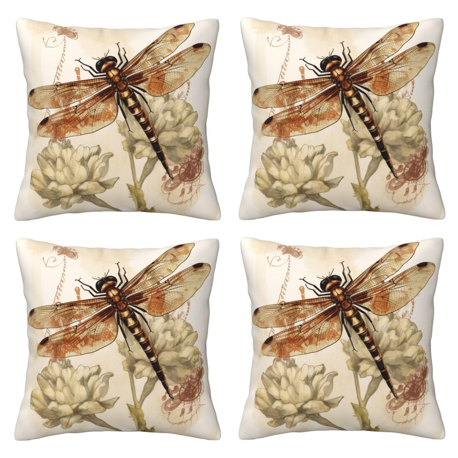 Dragonfly Bee Throw Pillow Cases 4 Pack Square Pillowcases Super Soft Pillow Protectors With Zipper for Couch Livingroom Sofa Bed Office Car,50x50 CM