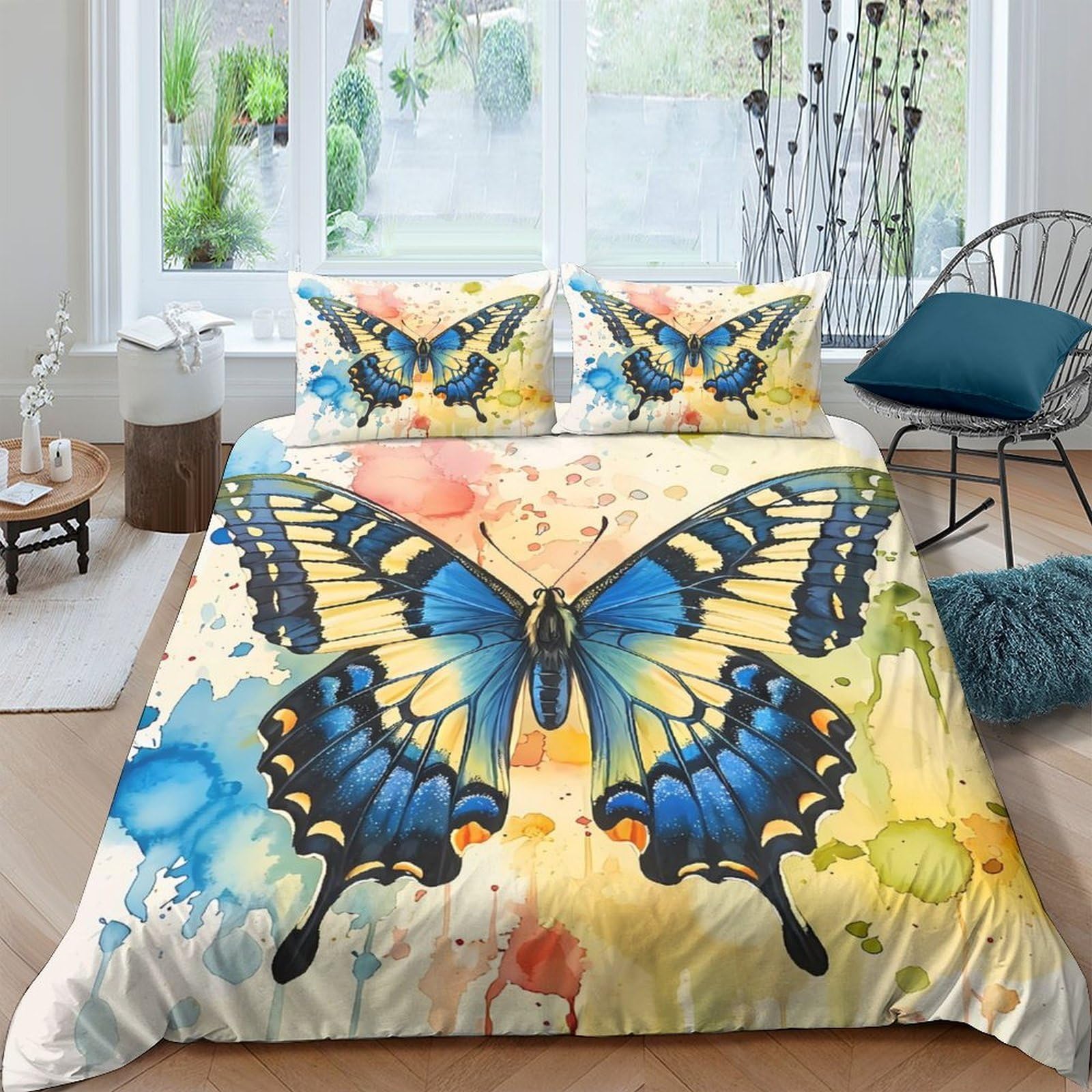 Ctjqhvkz Style-9 3D Printed Blue Butterfly Fitted Sheet Microfiber Soft Yellow Artistic Mattress Cover For Bedroom Guest Room Dorm Decor Single（135X200cm）