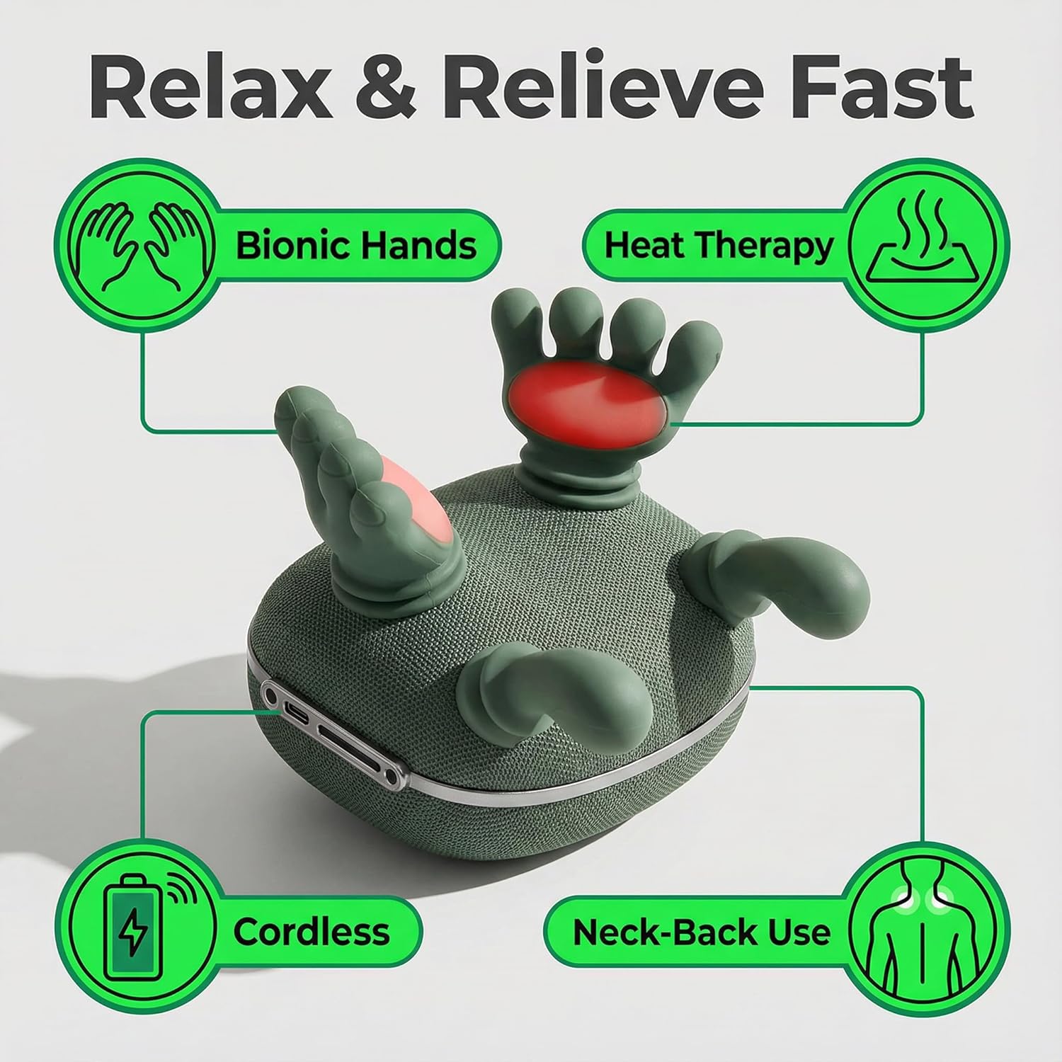 Neck and Shoulder Massager with Heat, Deep Tissue 4D Kneading Massage Pillow, Real Hand Simulation 5-Finger Massage, Hands-Free Strap, Pain Relief for Neck, Back & Shoulders