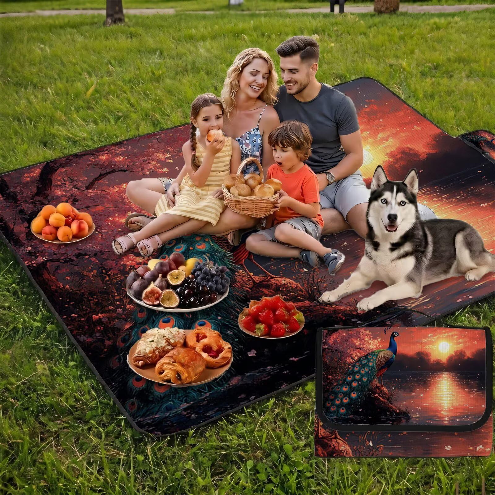 Couverture Pique Nique Grande 200x300cm,Outdoor Couverture Imperméable,Pliable Tapis de Plage Dos en PVC,Picnic Blanket pour Camping Accessoires,Jardin,Parc,Famille - Coucher de Soleil,Paon UZ-338