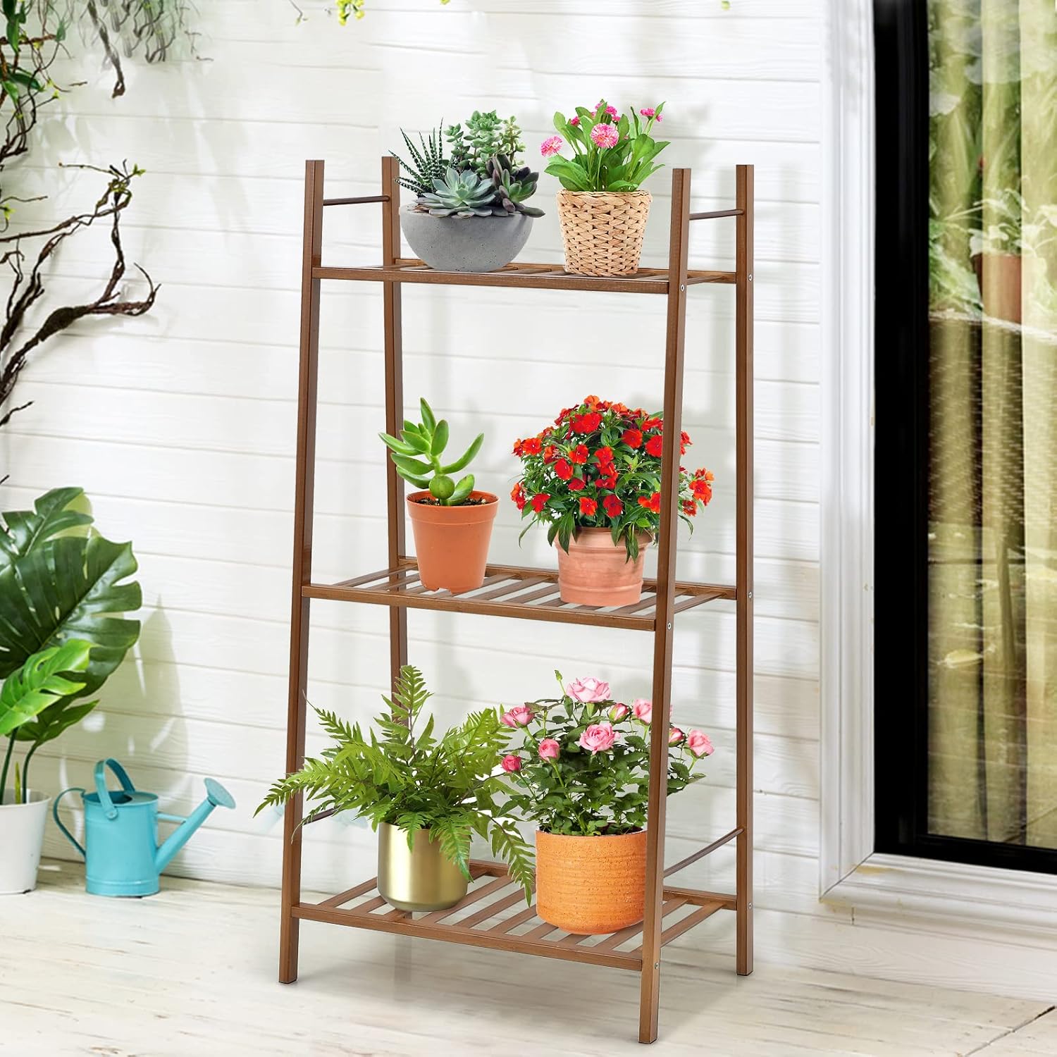 S AFSTAR 3 Tier Bamboo Ladder Shelf Plant Stand, Flower Pots Holder Plant Display Rack w/Stable Frame & Hollow-out Shelves, Multifunctional Bookcase Storage Shelf for Home Office Patio Garden (Brown)