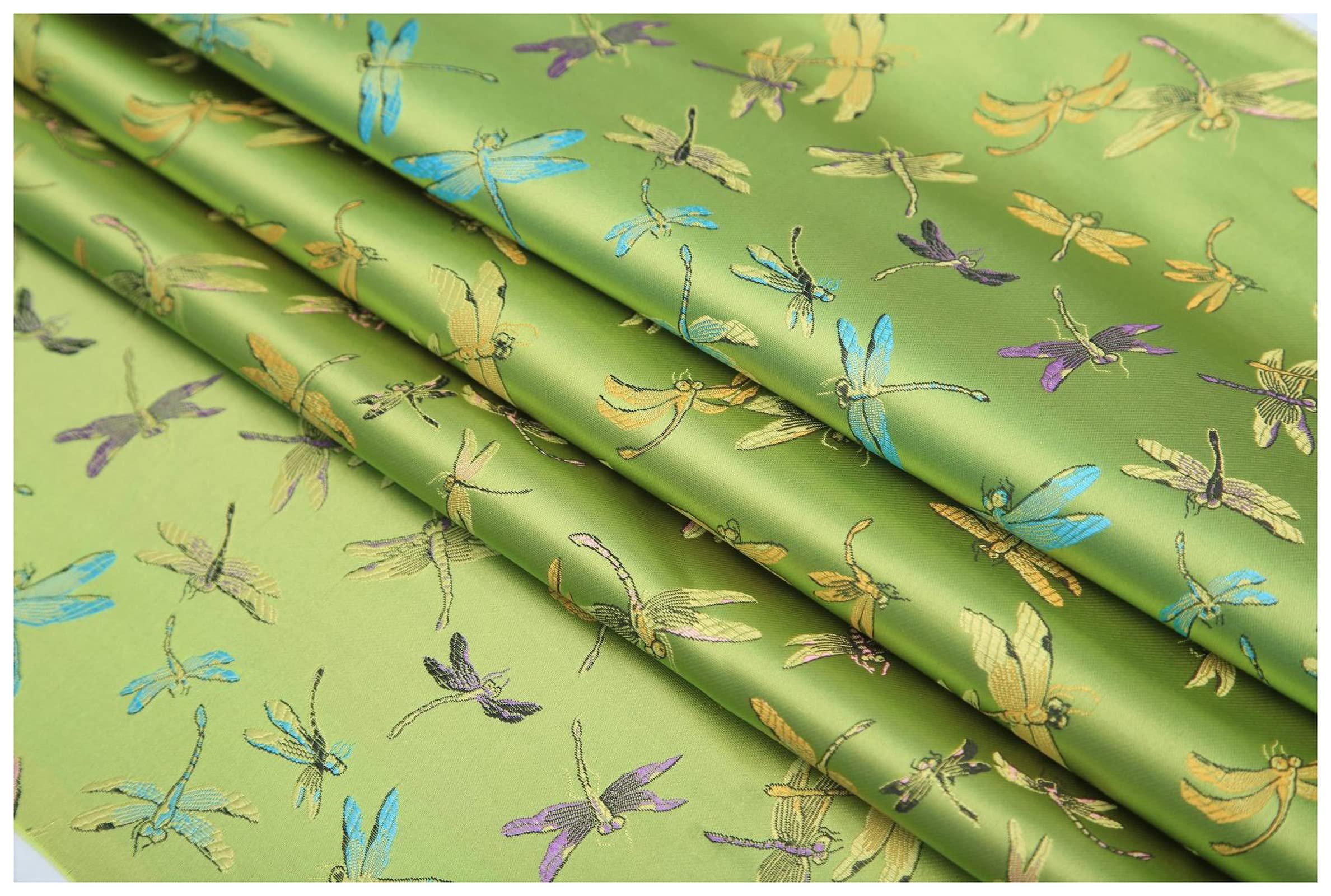 NAKAN Silky Dragonfly Jacquard Brocade Fabric 90cm Wide Sold By The Meter For Clothing Handmade Bags Cushion Cheongsam(Color:Bean green)