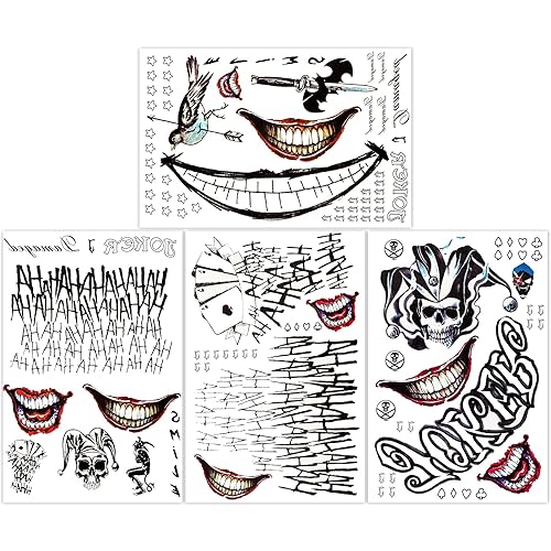 4 hojas de tatuajes de Joker de gran tamaño, tatuaje falso temporal de Halloween para hombres y adultos, todas las versiones, calcomanías realistas