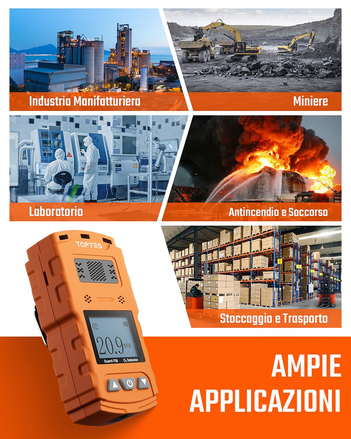 TopTes Guard-756 Monitor O2 Aggiornato, Rilevatore di Ossigeno Portatile, Risposta in 0,5s, Ricaricabile, con Allarmi a Vibrazione, Visivi & Sonori, Resistente a Polvere ed Esplos., per Lavoro e Casa