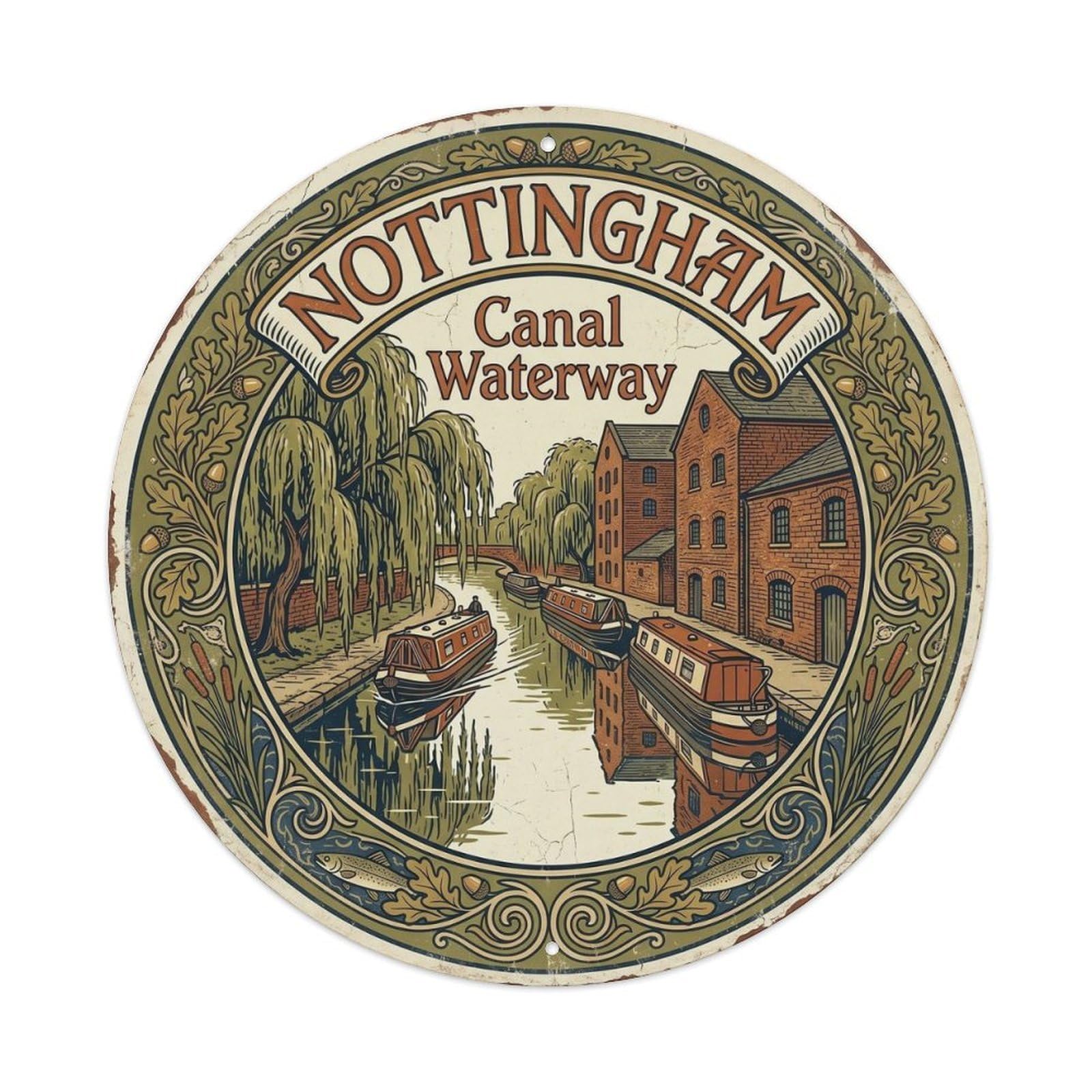 Nottingham Canal Waterway Classic Cartography Travel Cityscape Metal Tin Sign Plaque Wall Decor for Cafe, Man Cave, Club Bar, Office, Home Garden Round Metal Poster 8x8Inch