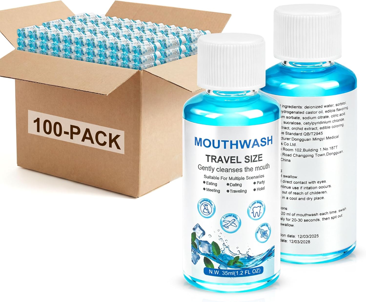 Travel Mouthwash Bulk, 1.2 oz/35 ml Mini Mouthwash Bulk, Freshens Breath, Portable, Ideal for Travel, Hotels, Work, and Dates (100-PACK)