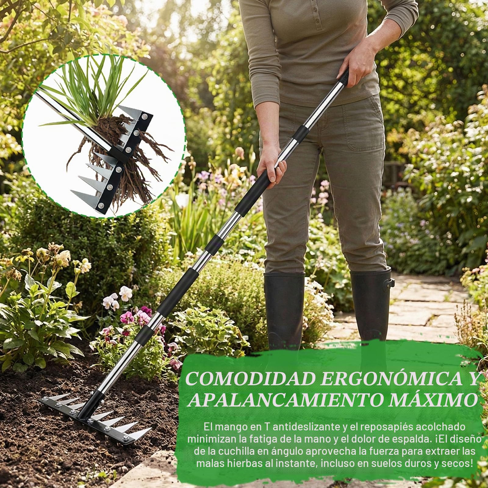 GAESHOW Rastrillo de Deshierbe con Mango Ajustable de 155 cm, Rastrillo para Malezar, Rastrillo Jardin de 8 Dientes de Acero Inoxidable para una Eficiente EliminacióN de Suelo