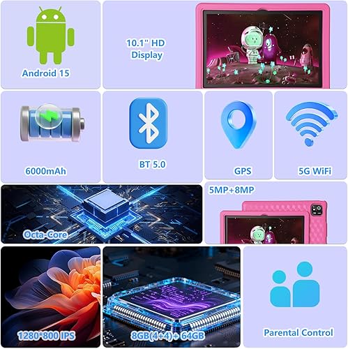 Miniatura 2 de NRKDUBQ 2025 Última Tablet de 10.1 Pulgadas para Niños Android 15 con Estuche Protector EVA Tablets para Niños con 8GB RAM 64GB Almacenamiento