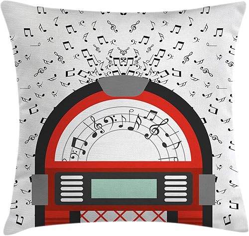 Miniatura 1 de Ambesonne Jukebox - Funda de cojín, diseño de caricaturas, música antigua, vintage, retro, con notas, obras de arte, funda de almohada cuadrada