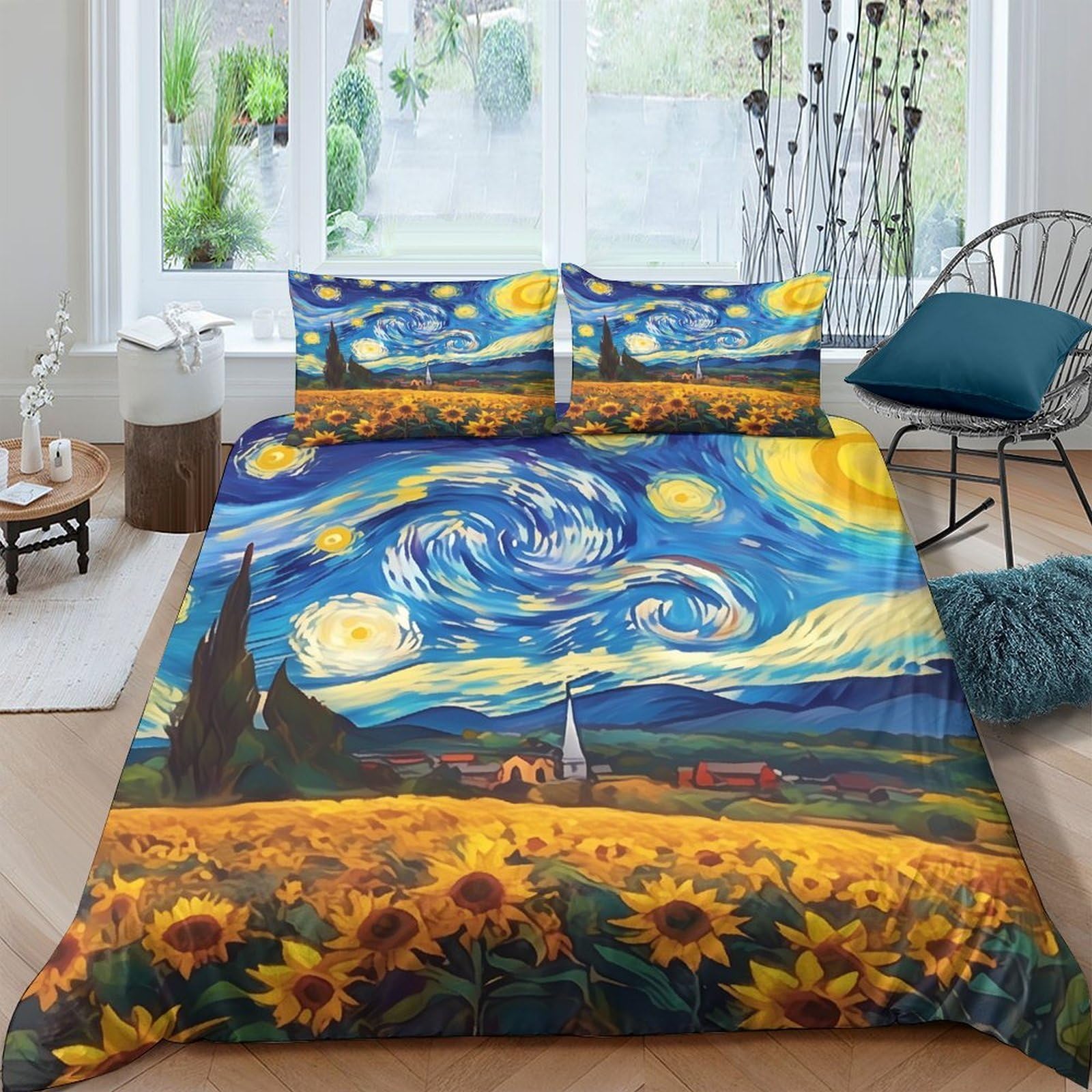 TUFRTGYHN 3D Printed Starry Night Sunflower Duvet Cover Set Microfiber Soft Breathable Bedding Set with 2 Pillowcases for Bedroom Decor Single（135x200cm）