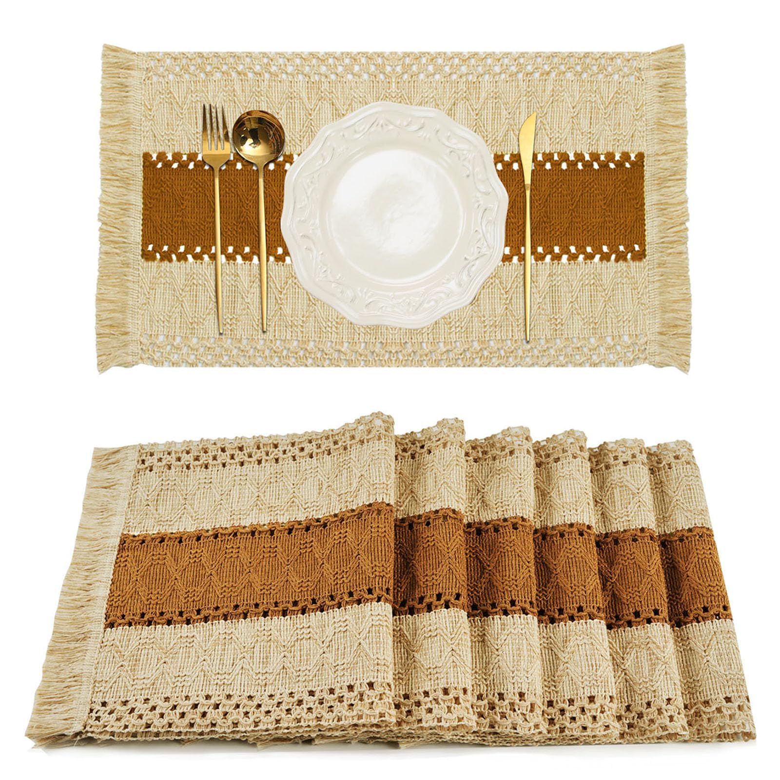 FEXIA Boho Placemats Set of 6, Macrame Table Decor and Farmhouse Style Placemats Natural Cotton Burlap, for Dining Table, Caramel