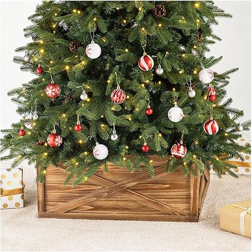 Glitzhome Collar de Árbol de Navidad, Collar de Árbol de Madera Natural Cubierta de Base de Árbol Falda de Árbol de Navidad para Árbol de 9 pies,