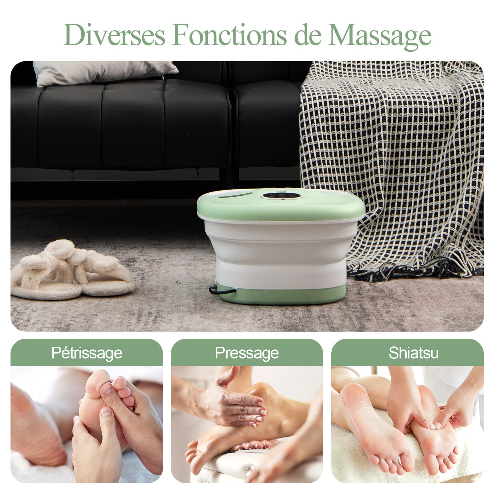 GOPLUS Bain de Pied Massant Chauffant Spa avec 16 Rouleaux Massage, Bain de Pieds Électrique Pliable avec Bulle, Pierre Ponce Shiatsu, Température Réglable 41-45℃, Télécommande, Minuterie (Vert Clair)