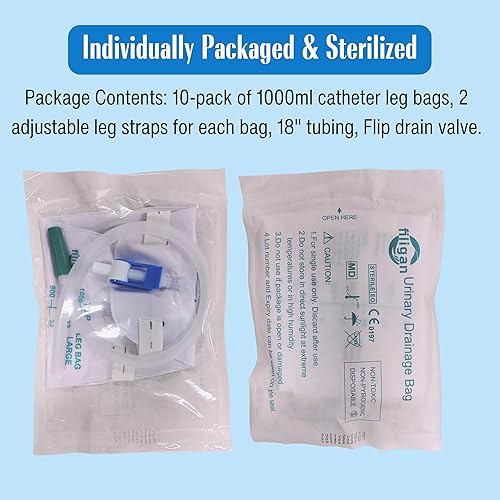 Miniatura 3 de Paquete de 10 bolsas de catéter de 32 oz33.8 fl oz con tubo de 18 pulgadas, válvula antirreflujo, correas de tela ajustables, drenaje abatible,