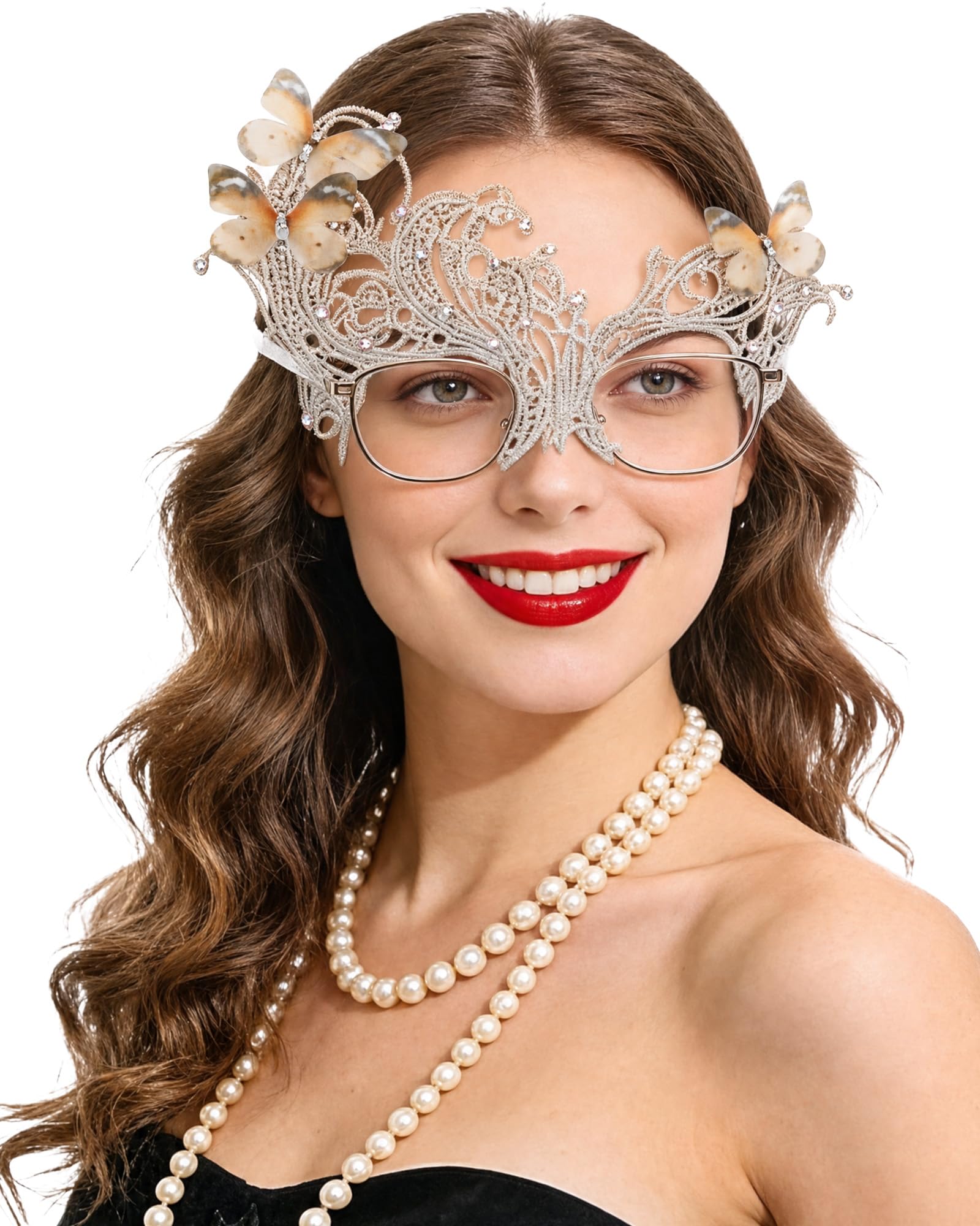 Zinniday Butterfly Masquerade Mask for Glasses, 2026 Silver Mysterious Eyemask for Women Lady Couples Halloween Renaissance, 1920s 50s Antique Venetian Lace Mask for 1920s 50s Party Renfaire Prom