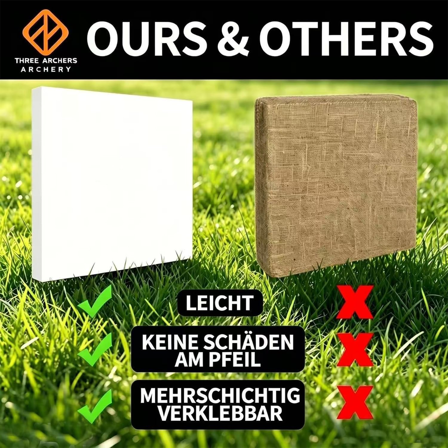 THREE ARCHERS Zielscheibe Bogenschießen 50x50cm Zielscheibenset Leichte und Langlebige Hochdichte Schaumscheibe mit 5 Auflagen und 4 Scheibennägeln für Bogensport Ziel