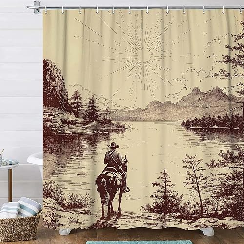 Miniatura 2 de DYNH Cortina de ducha de vaquero occidental, retro, campesino, salvaje, oeste, vaquero, caballo por el río, juego de cortina de ducha de tela
