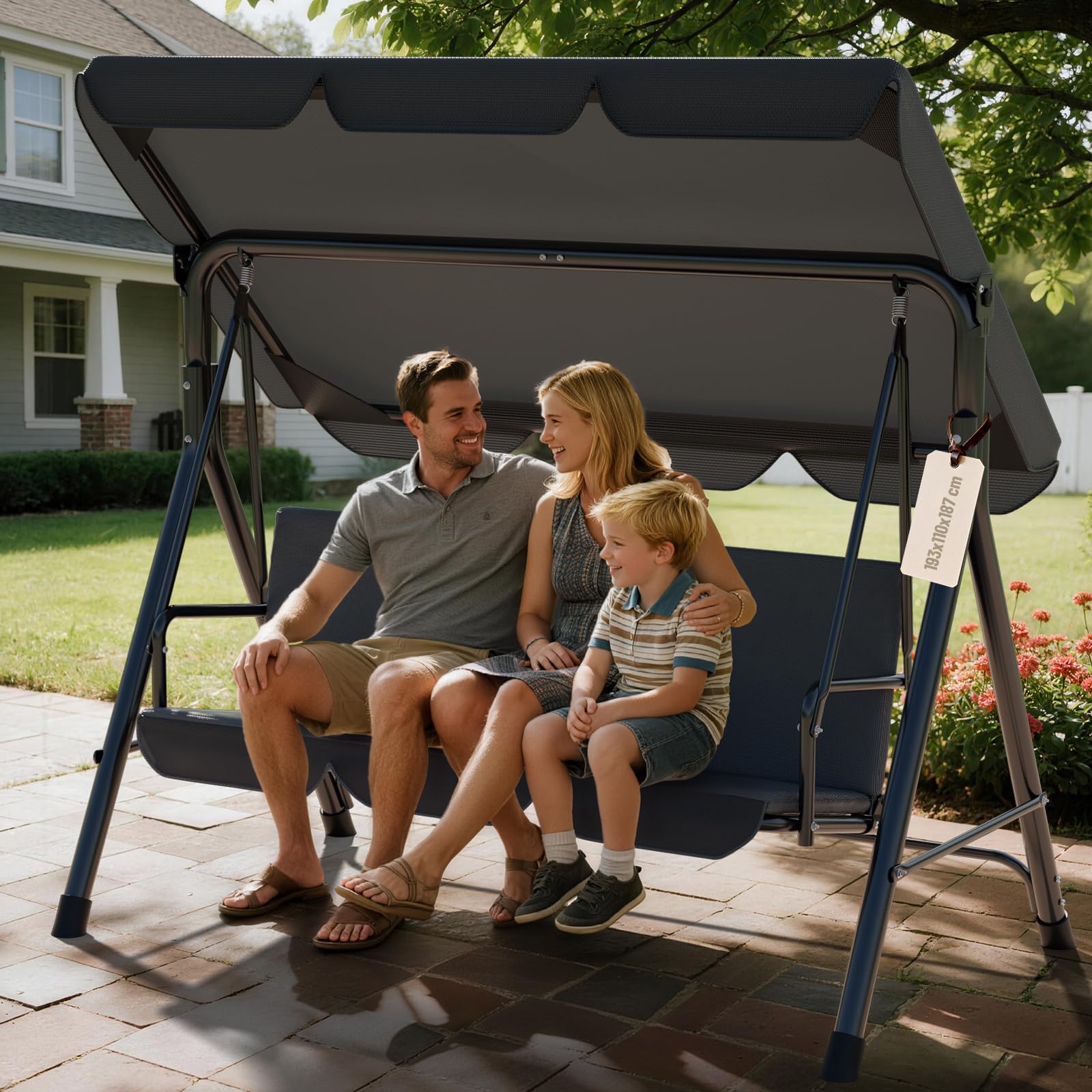 Verdego Hollywoodschaukel 3 Sitzer, Hollywoodschaukeln 193x110x152cm, Gartenschaukel mit Verstellbarem Dach, Anti Rutsch Füße, Einfache Montage, 200KG Belastbar, für Garten, Terrasse, Anthrazit