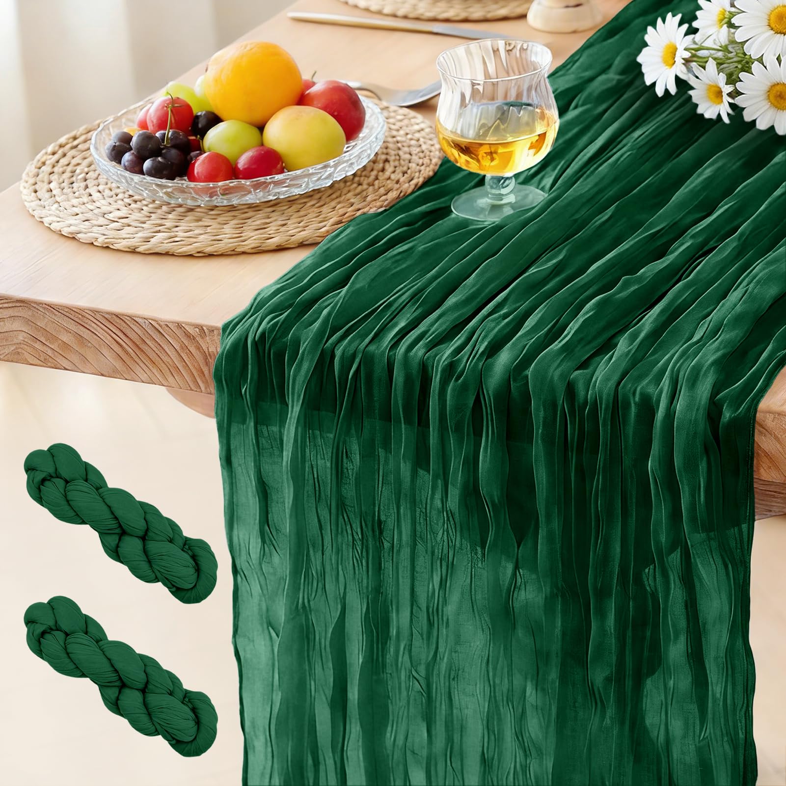 2 Pack Cheesecloth Table Runner Dark Green, 300 x 90 CM Bohemian-style Gauze Rustic Gauze Fabric Tablecloth for Wedding, Parties, Christmas and New Year's Eve Table Decoration โ image 1