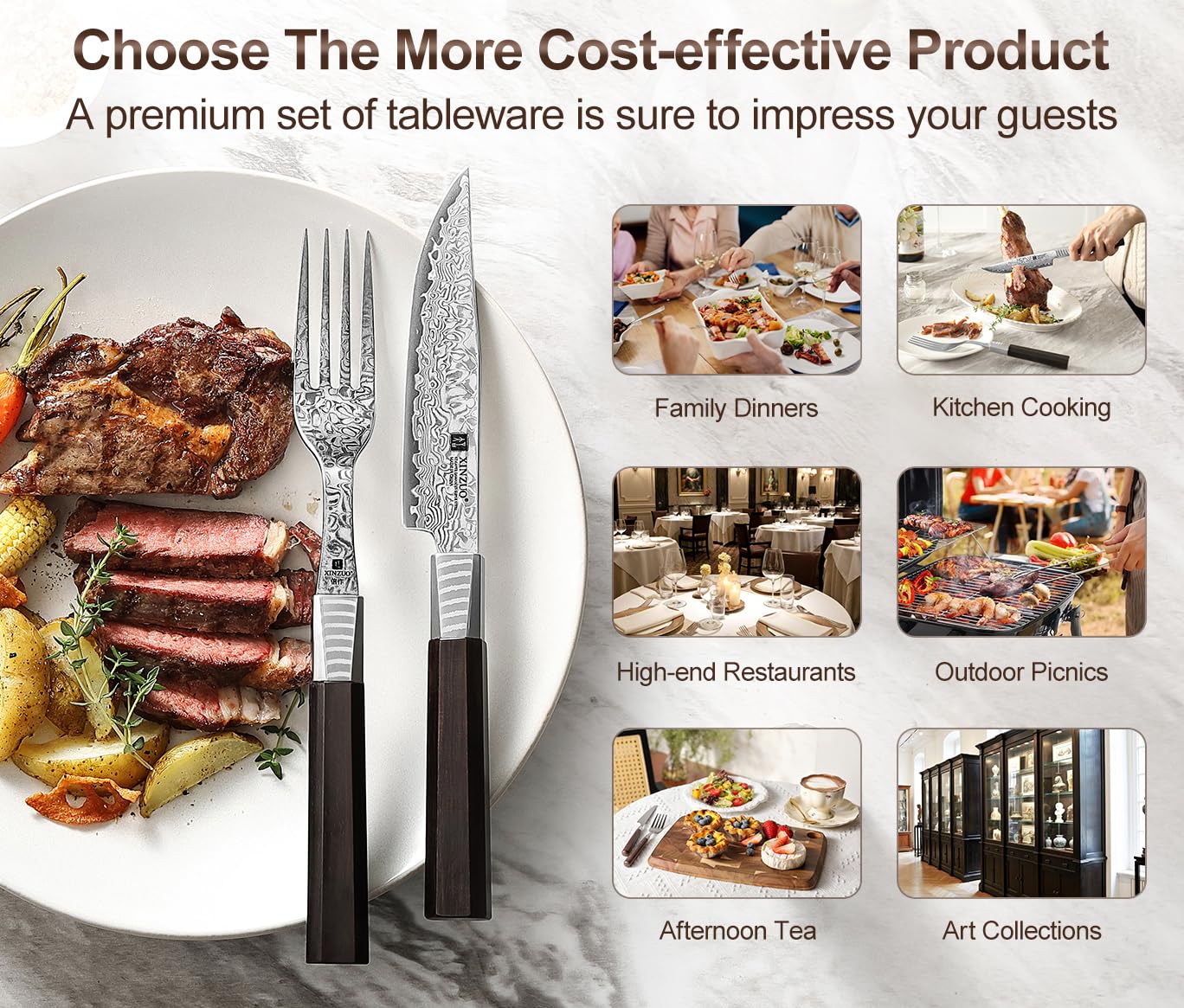 XINZUO Set de Couverts à Steak 2 Pièces-67 Couches Acier Damas Couteaux et Fourchettes à Steak-Couteau de Table Ensemble de Couteaux à Dîner-Ergonomique Poignée en Bois de Ébène-avec Boîte Cadeau