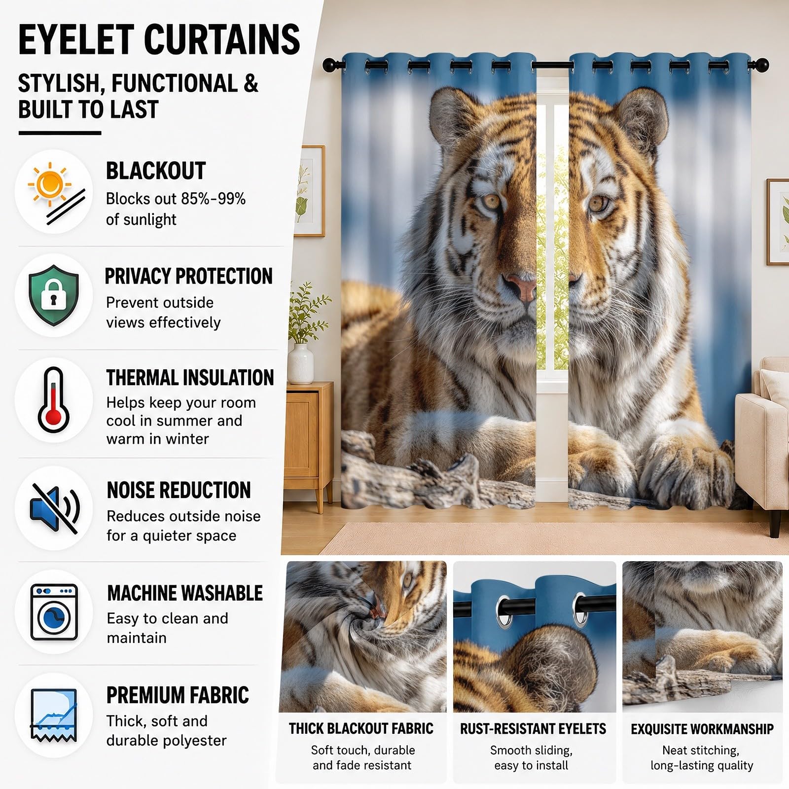 Infantil Cortinas Opacas Aislantes 2 Paneles 140An x 260Al cm Animales Tigre Primer Plano Hogar Decorativa Suave Poliéster Termicas Cortina con Ojales MarróN para Salon Dormitorio Oficina