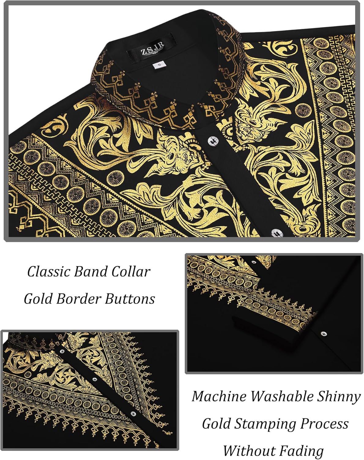Mens African 2 Piece Set Metallic Traditional Suit Gold Stamp Printed African Dashiki Shirt and Pants Outfit - Image 5