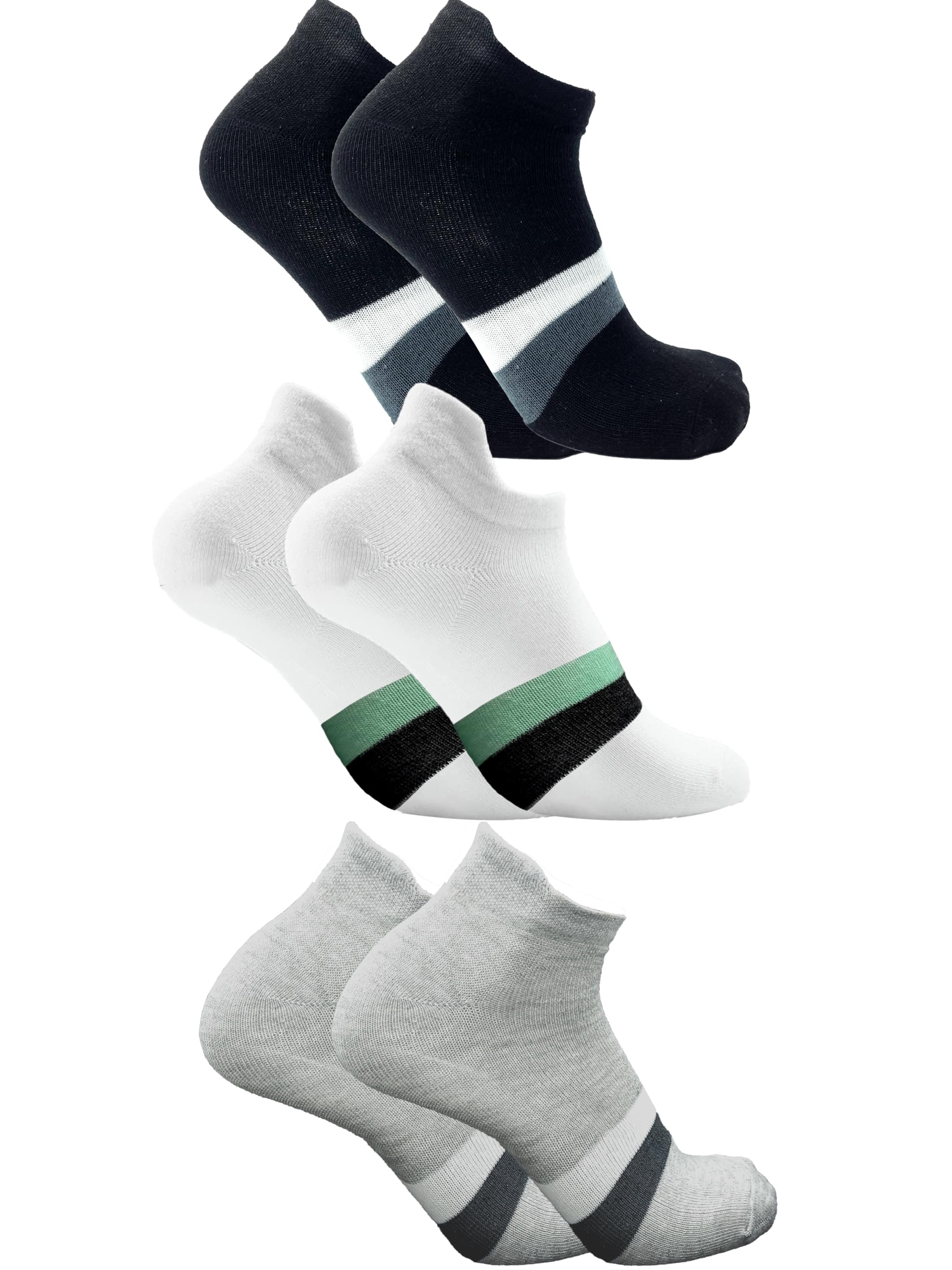 JUARI BE A GENTLEMANMen's Poly Viscose Ankle Socks - Comfortable, Durable & Stylish Design for Everyday Wear in Black, White, and Grey Colors with Contrasting Stripes (PACK OF 3)