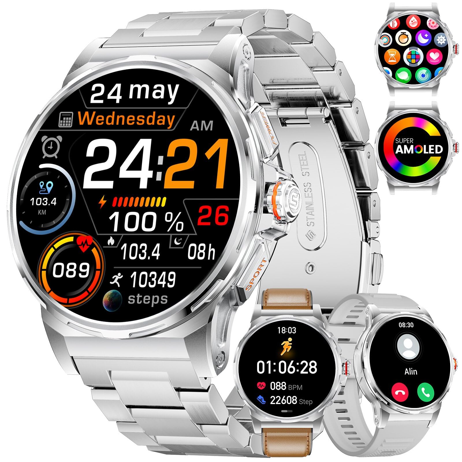 Militare Smartwatch Uomo, 1,43" Display AMOLED con Chiamate Bluetooth, 3 Cinturini, Impermeabile IP68, Monitoraggio della Frequenza Cardiaca/Sonno, 120+ Modalità Sportive Android e iOS, Argento
