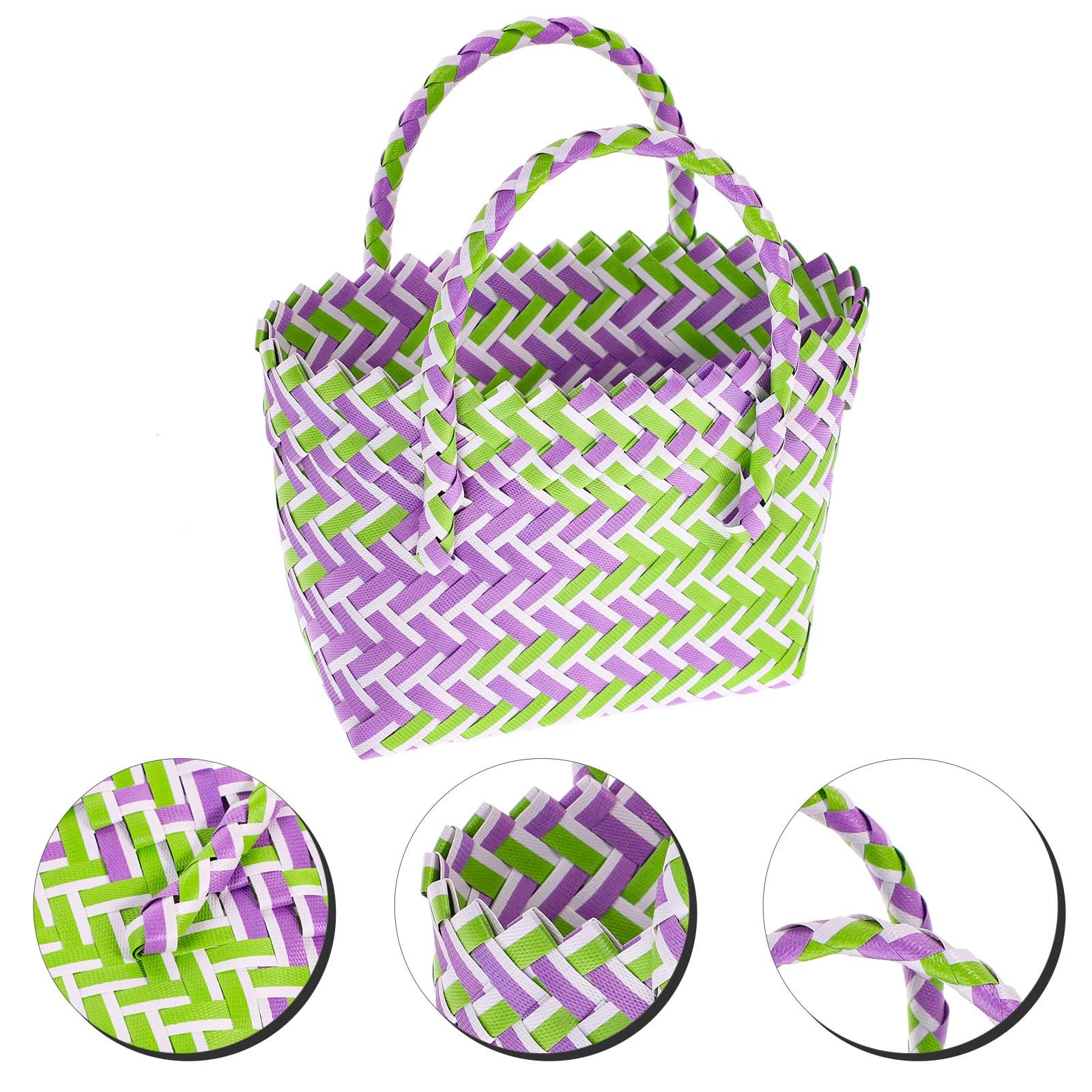 FOMIYES Panier de Rangement Tressé en Pvc Poignée Panier à Provisions Rustique Vert et Violet Maison Pique-niques Réutilisable et Robuste Petit Format Pratique