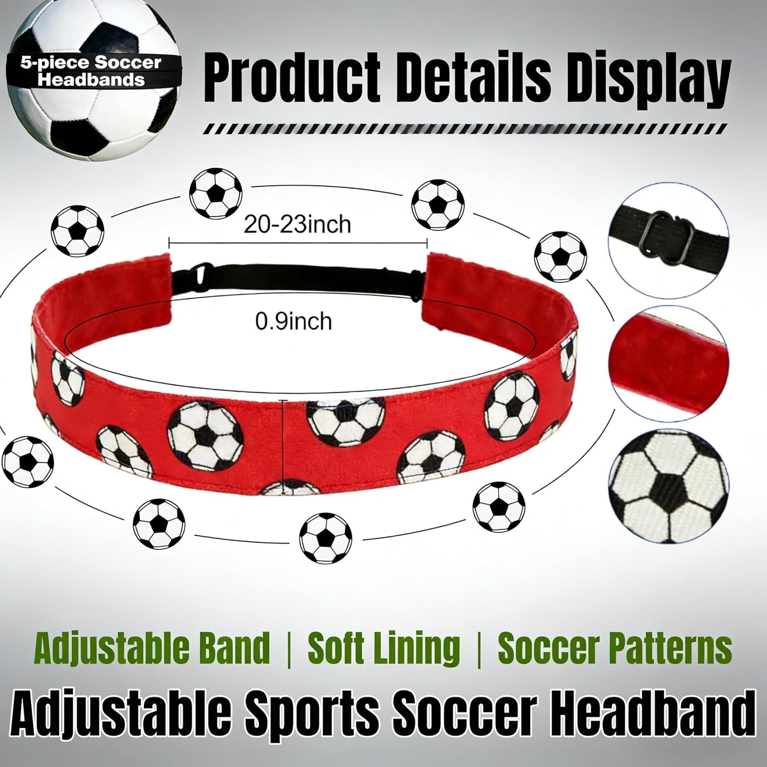 Soccer Headbands 5-Pack, Elastic Sports Sweatbands with Football Print Pattern, Wide Breathable Athletic Head Wraps for Men and Women, Red Black Blue White Colors