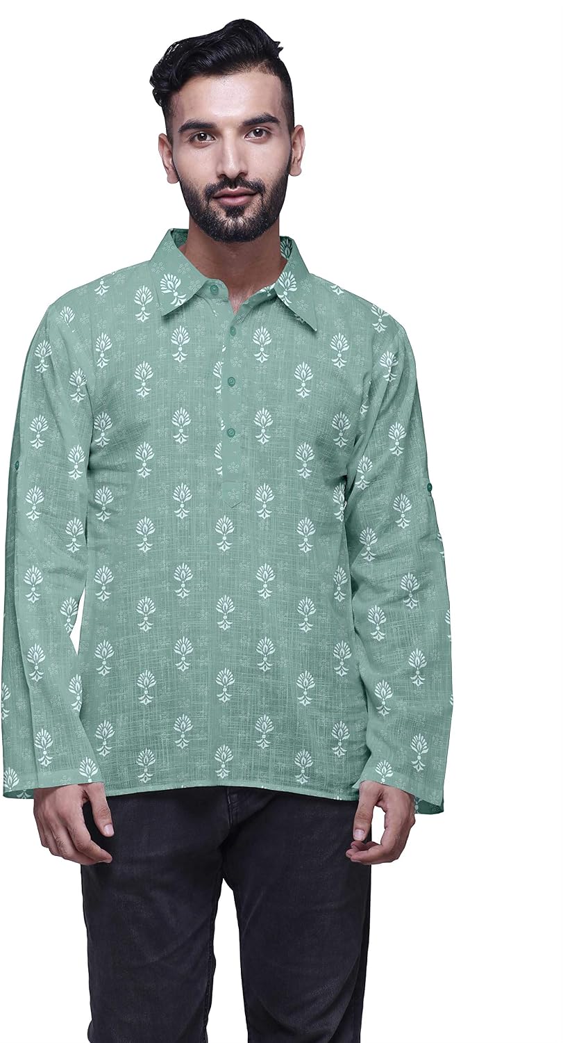 Atasi Long Sleeve Kurta for Men Printed Cotton Flex Spread Collar Ethnic Shirt Cadet Blue