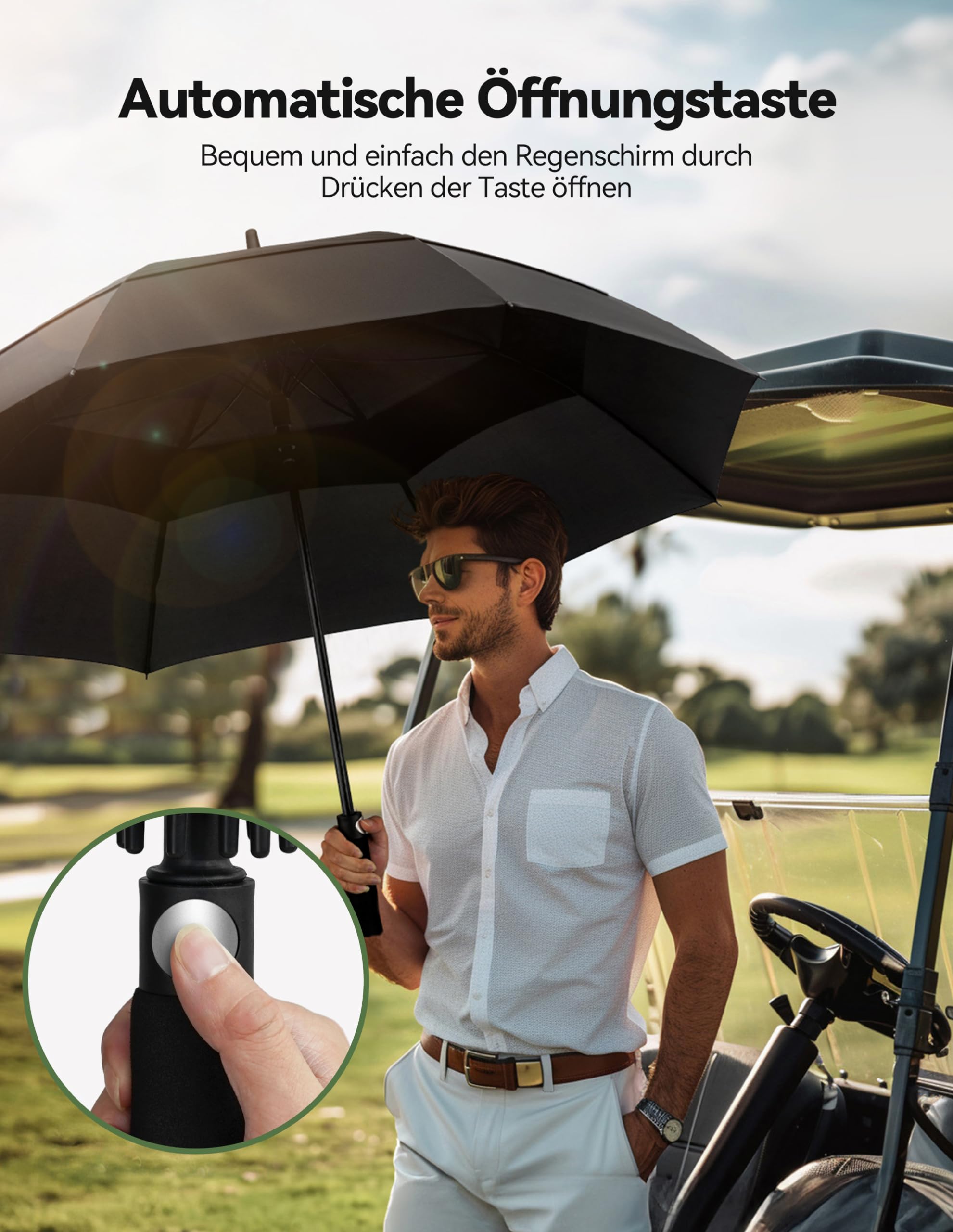 TECKNET Golfschirm groß, 68 Zoll, winddicht, starkes Doppeldach, belüftet, automatisches Öffnen mit EVA-Griff, Outdoor-Sonne, Regen, Windschutz, Stockschirme (Schwarz)