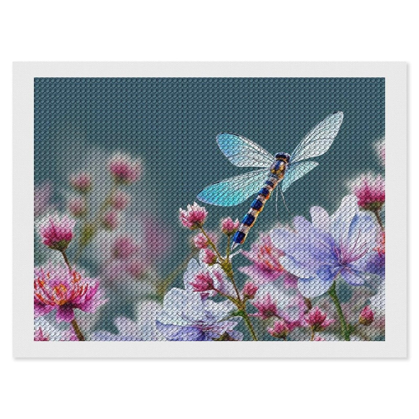 Dragonfly and Flowers Diamond Art Kits for Adults, DIY 5D Diamonds Painting Kits for Beginner, Round Full Drill Diamond Dots Painting, 12"x16" Diamonds Pictures Gem Art and Crafts Wall Decor